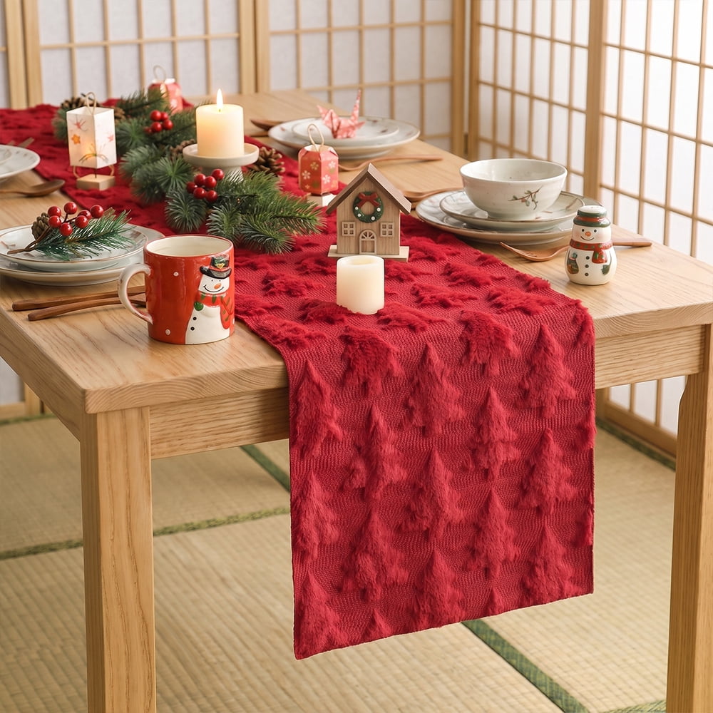 Sm:)e Red Tree Christmas Table Runner 13x90 Inch, Soft Plush Faux Fur Mantel Kitchen Dining Table Decor, Winter Xmas Party