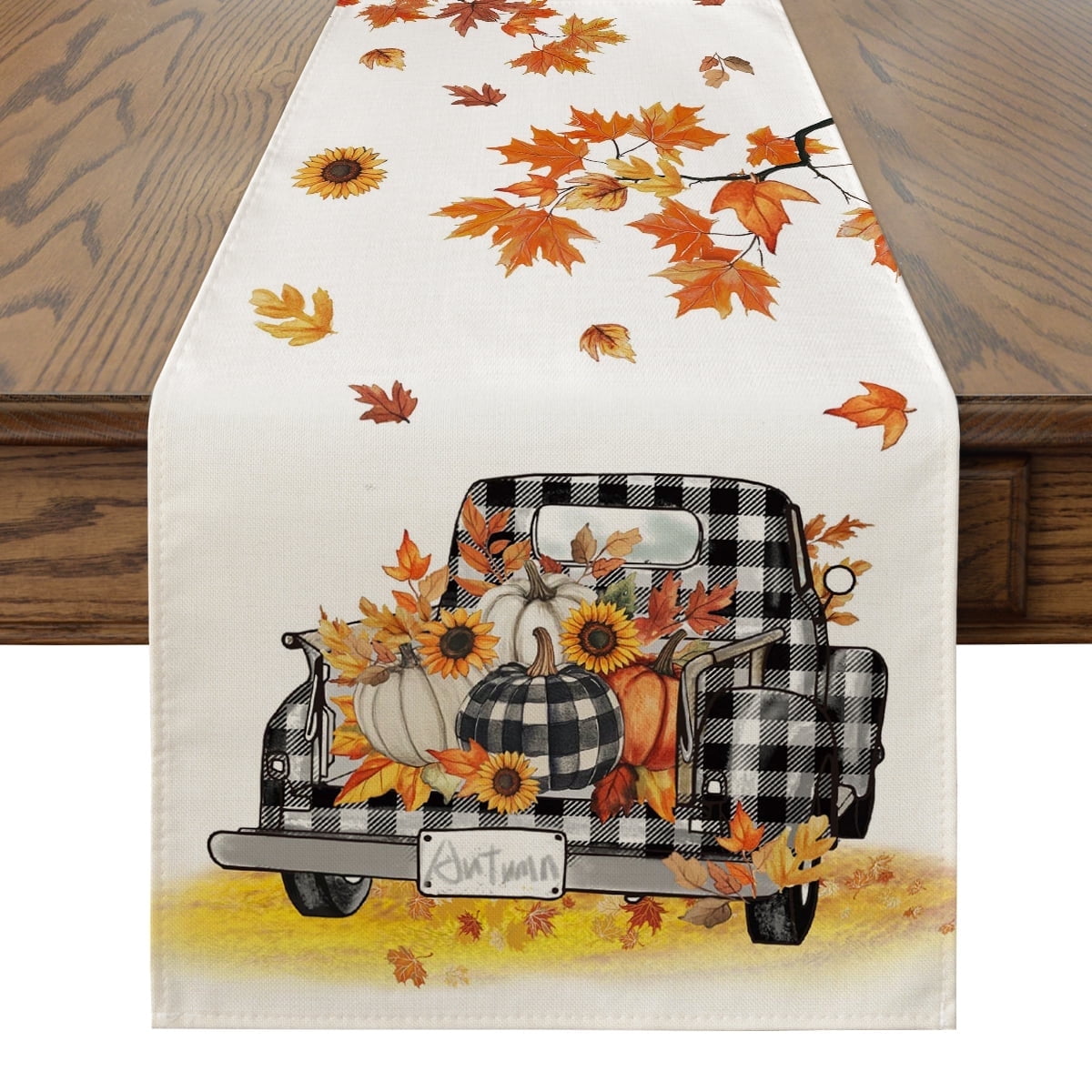 Smile Fall Table Runner 13 x 48, Harvest Thanksgiving Maple Leaves Pumpkins Buffalo Plaid Truck