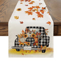 Smile Fall Table Runner 13 x 108, Harvest Thanksgiving Maple Leaves Pumpkins Buffalo Plaid Truck