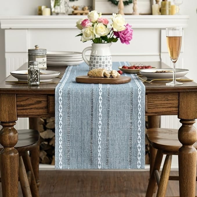 Sm:)e Linen Table Runner for Dining Table 13 x 36 Inch Light Blue Burlap Linen Style Rustic Farmhouse Kitchen Dining Room Decoraton