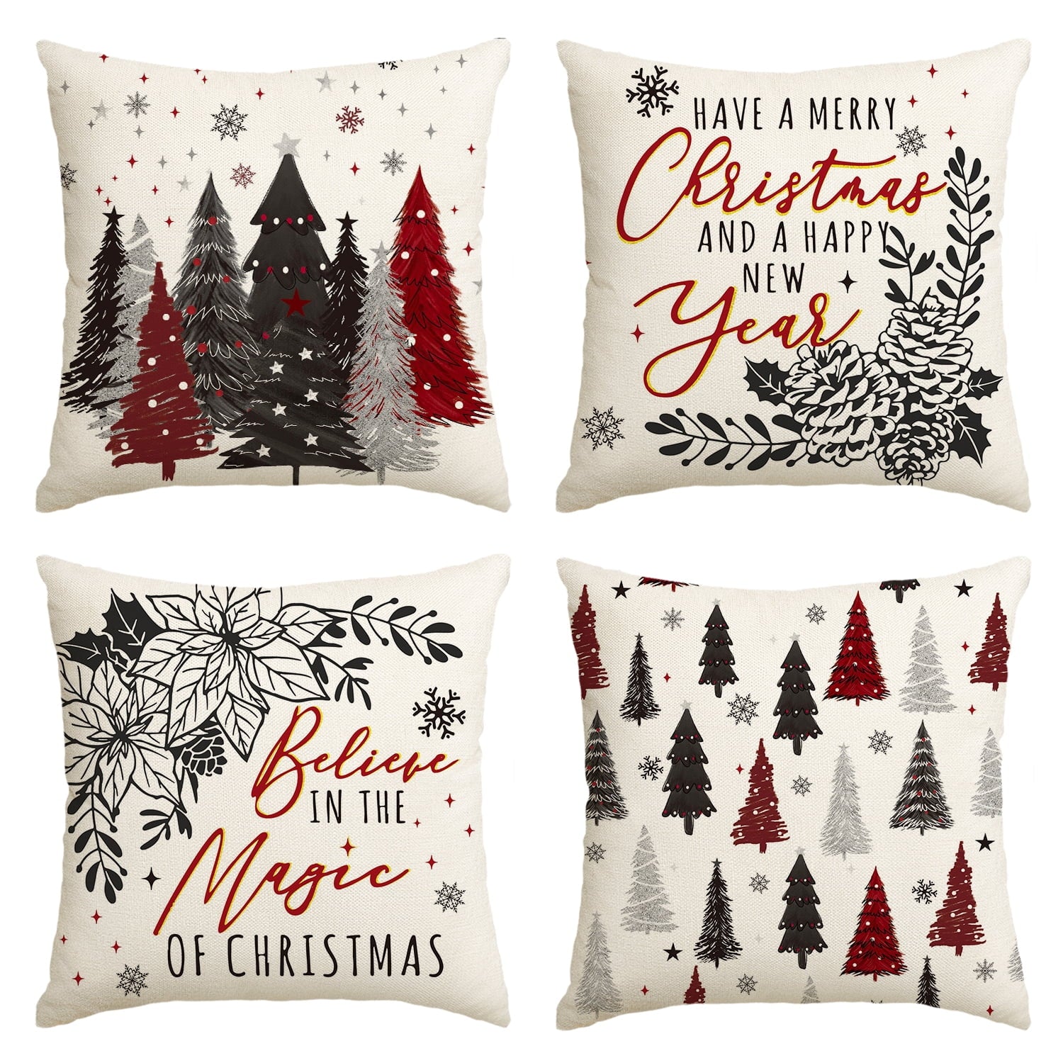 Sm:)e Trees Believe Happy New Year Christmas Pillow Cover Set of 4, 18x18 Inch