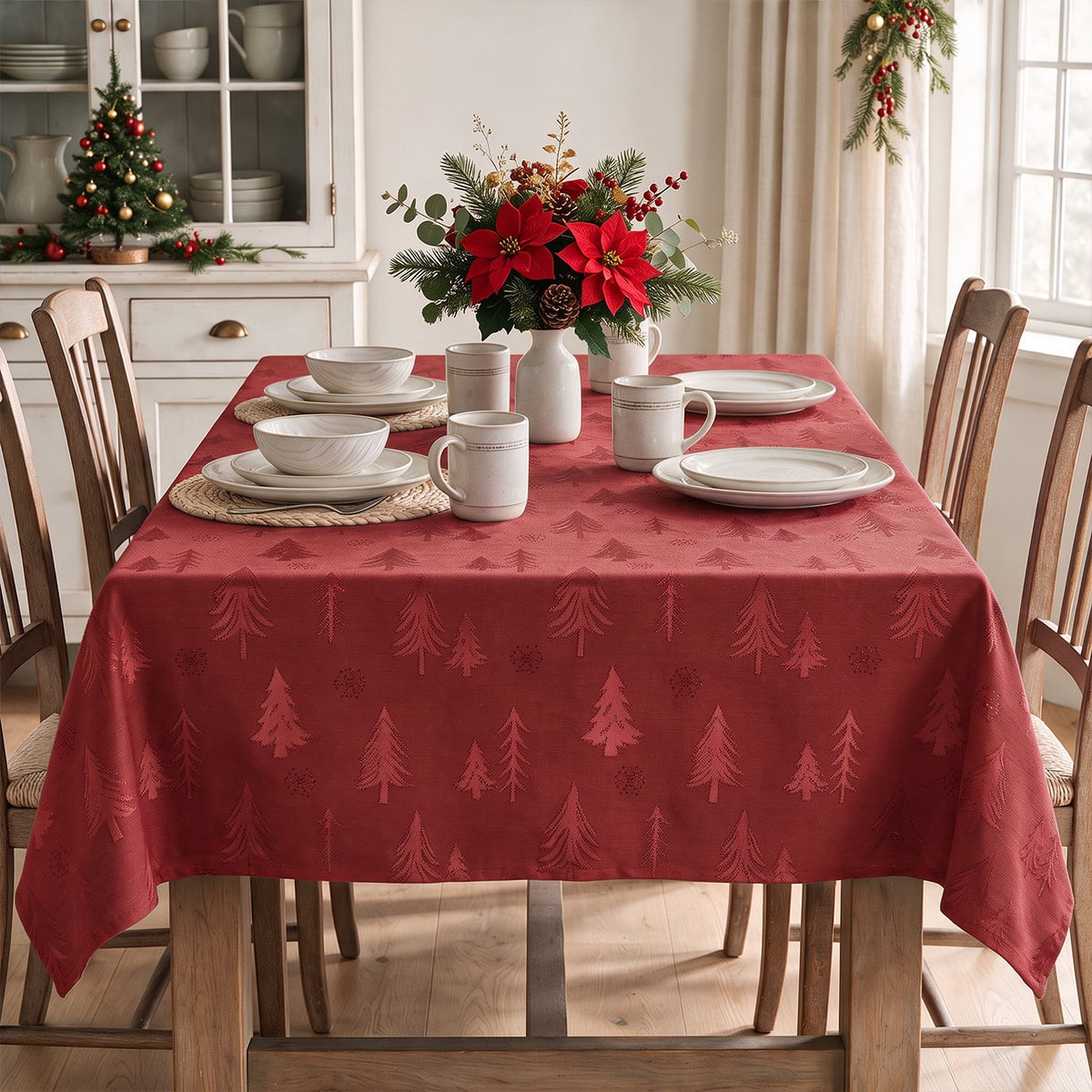 Sm:)e Pine Tree Snowflake Yarn Dyed Jacquard Woven Christmas Tablecloth 60x84 Inch, for Dining Decor, Rectangle, Red
