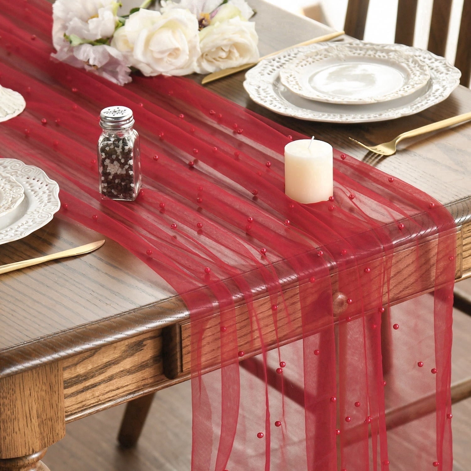Sm:)e Pearl Red Gauze Table Runner 120 Inch 10FT, Table Decor for Wedding Anniversary Birthday Outdoor Home Party Table