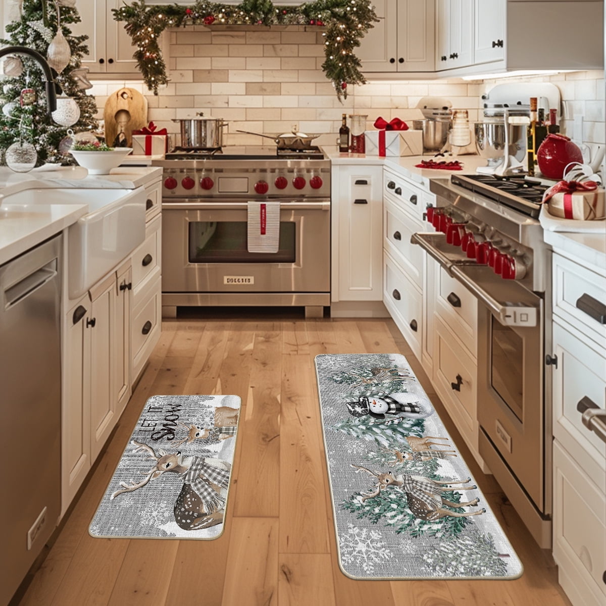 Sm:)e Deer Tree Let It Sonw Snowflakes Christmas Kitchen Mats Set of 2, Winter Decor Low-Profile Kitchen Rugs for Floor - 17x29 and 17x47 Inch