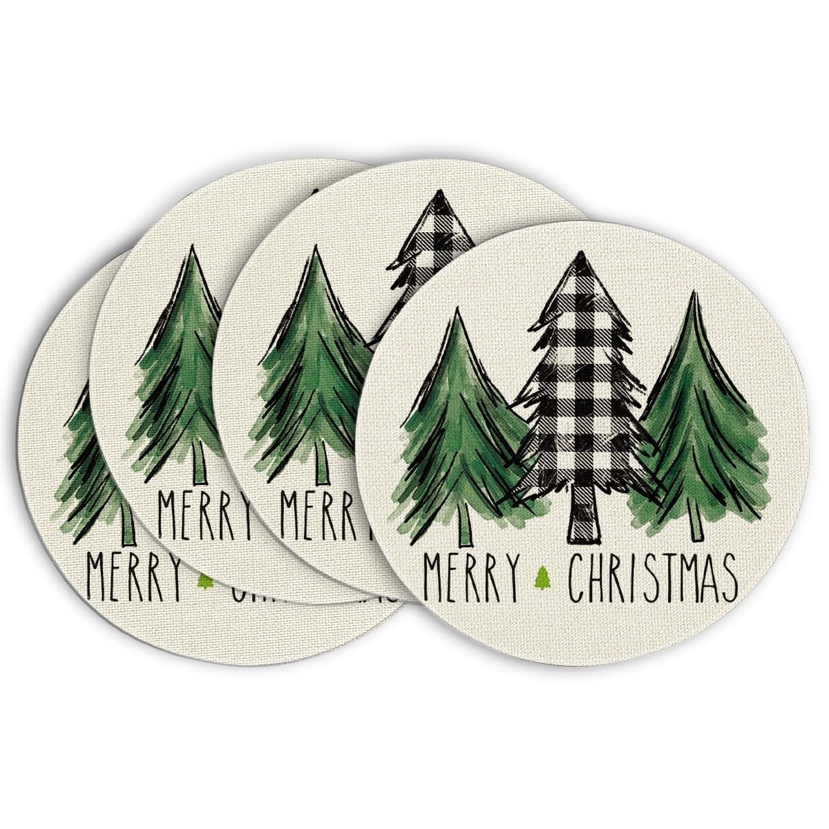 Smile Buffalo Plaid Merry Christmas Trees Table Placemats Round 15 Inch Set of 4