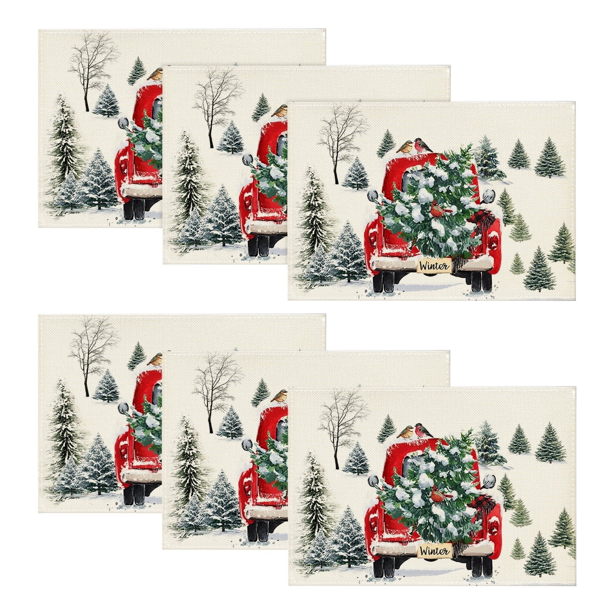 Smile Watercolor Red Christmas Placemats Set of 6, 12x18 Inch Seasonal Winter Xmas Holiday Table Mats