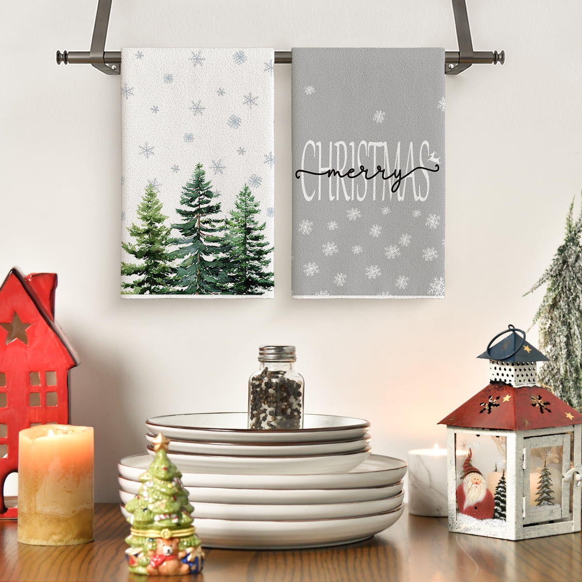 Sm:)e Hello Snowflakes Winter Kitchen Towels Dish Towels, 18x26 Inch Christmas Pine Trees Decoration Hand Towels Set of 2