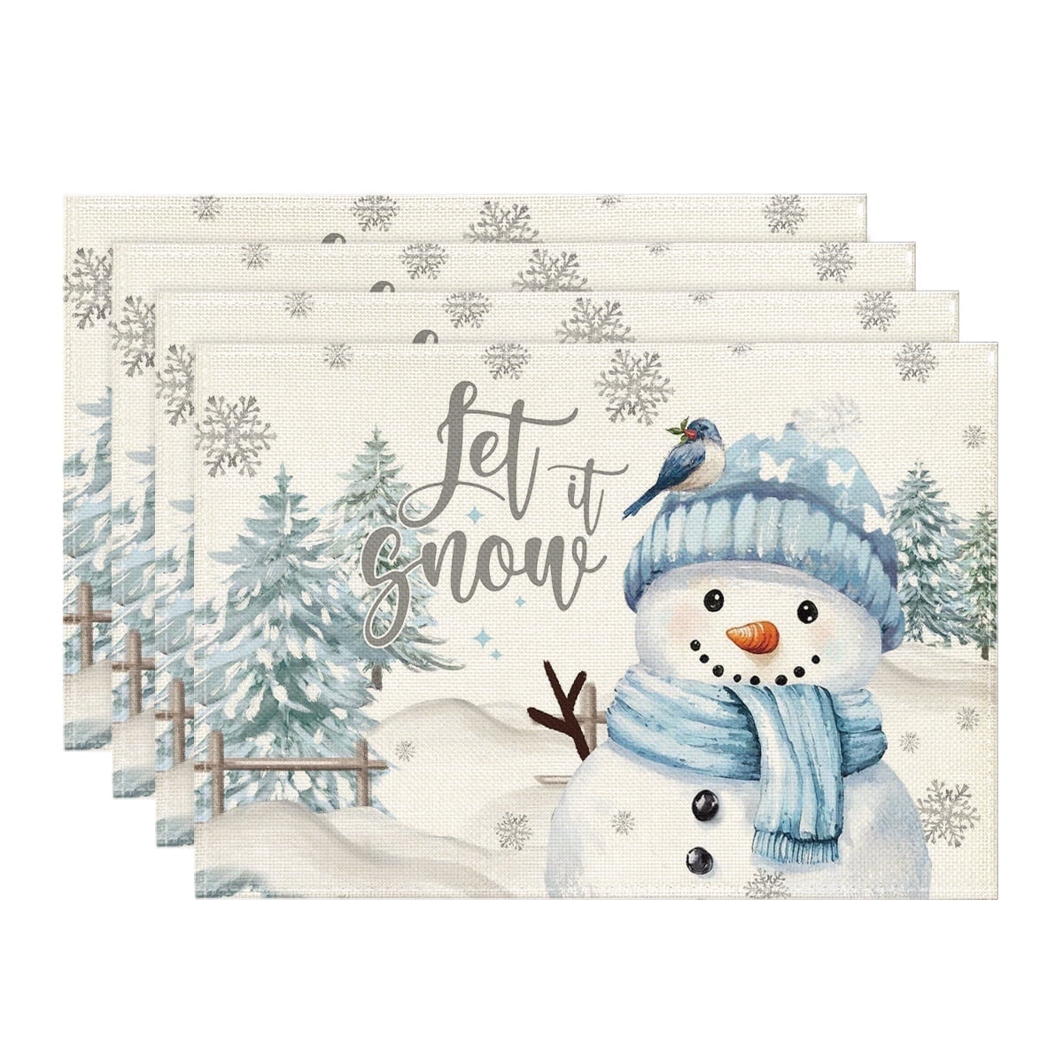 Smile Xmas Trees Let It Snow Blue Snowman Christmas Placemats Set of 4, 12x18 Inch Winter Table Mats