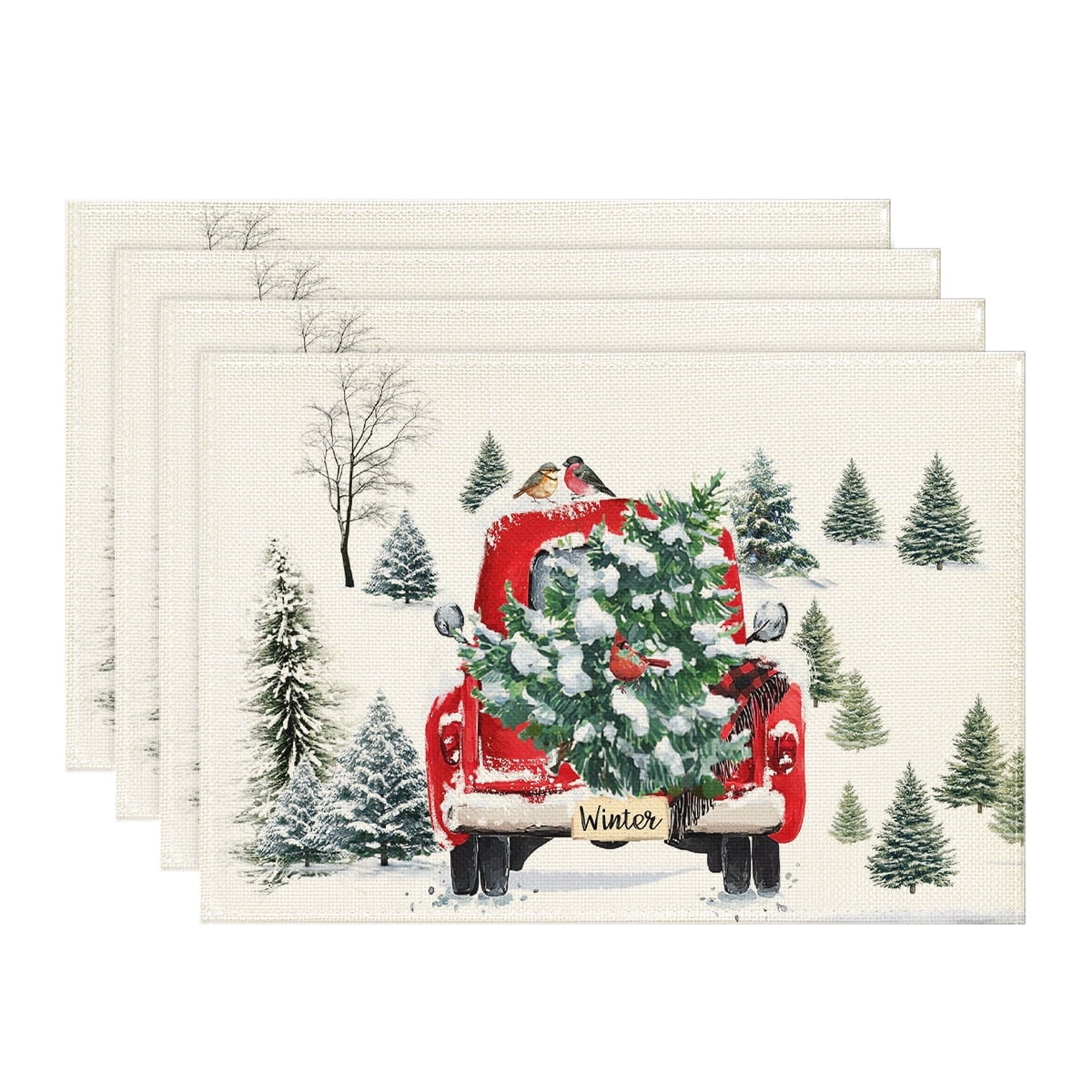 Smile Watercolor Red Christmas Placemats Set of 4, 12x18 Inch Seasonal Winter Xmas Holiday Table Mats