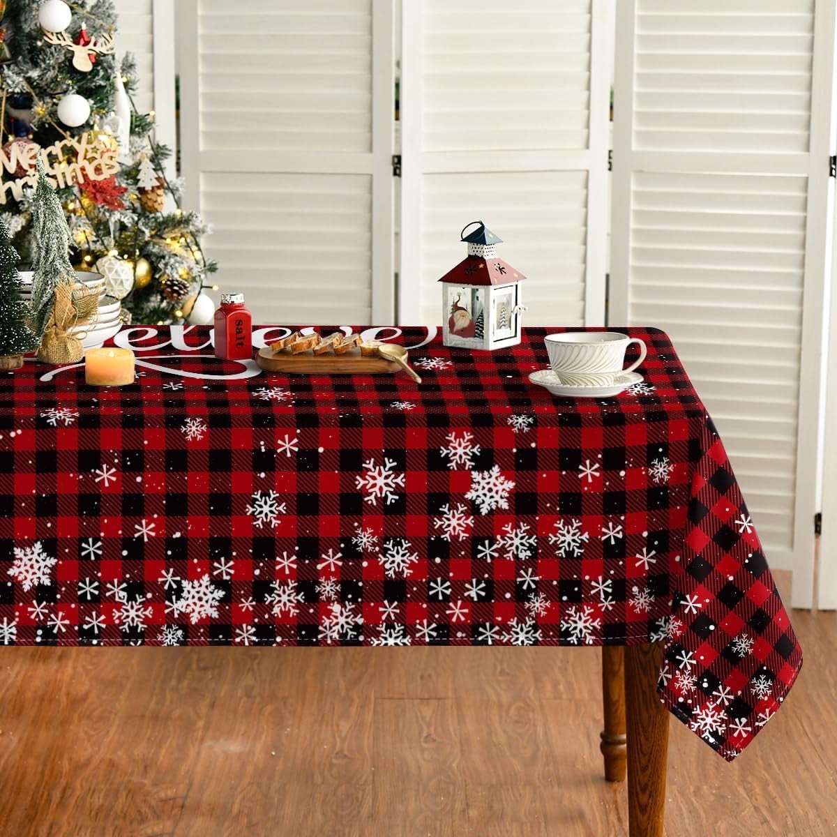 Sm:)e Believe Buffalo Check Plaid Snowflake Christmas Winter Table Cloth 60 x 84 Inch
