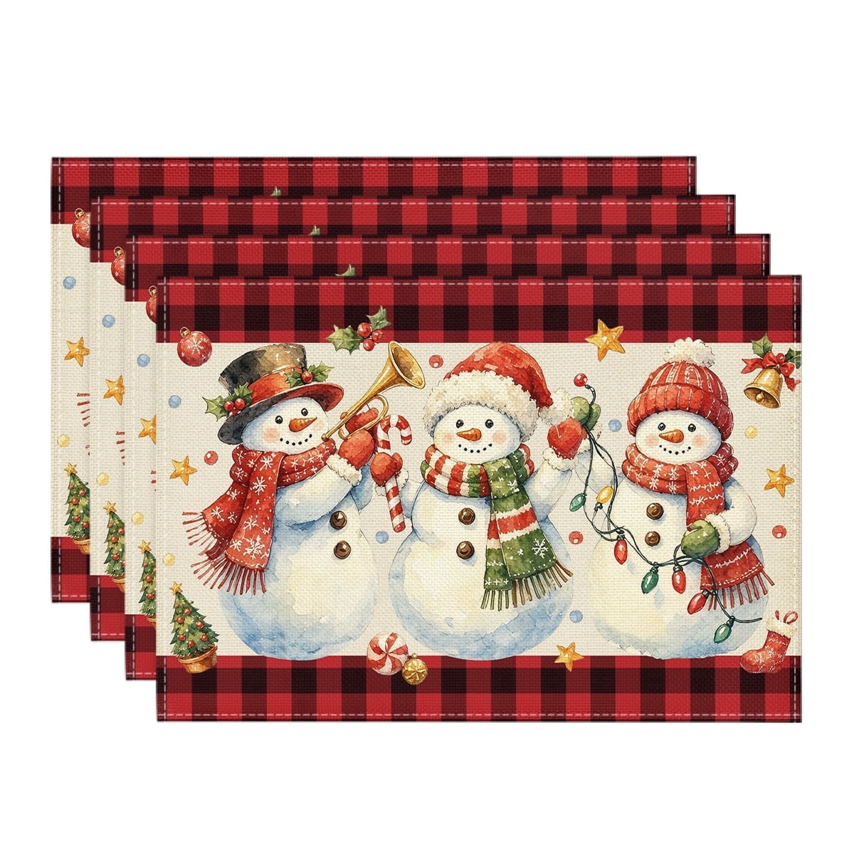 Sm:)e Red Plaid Vintage Snowman Christmas Placemats 12 x 18 Inch, Set of 4, Red Winter Table Decor Supplies for Kitchen Dining & Holiday Party