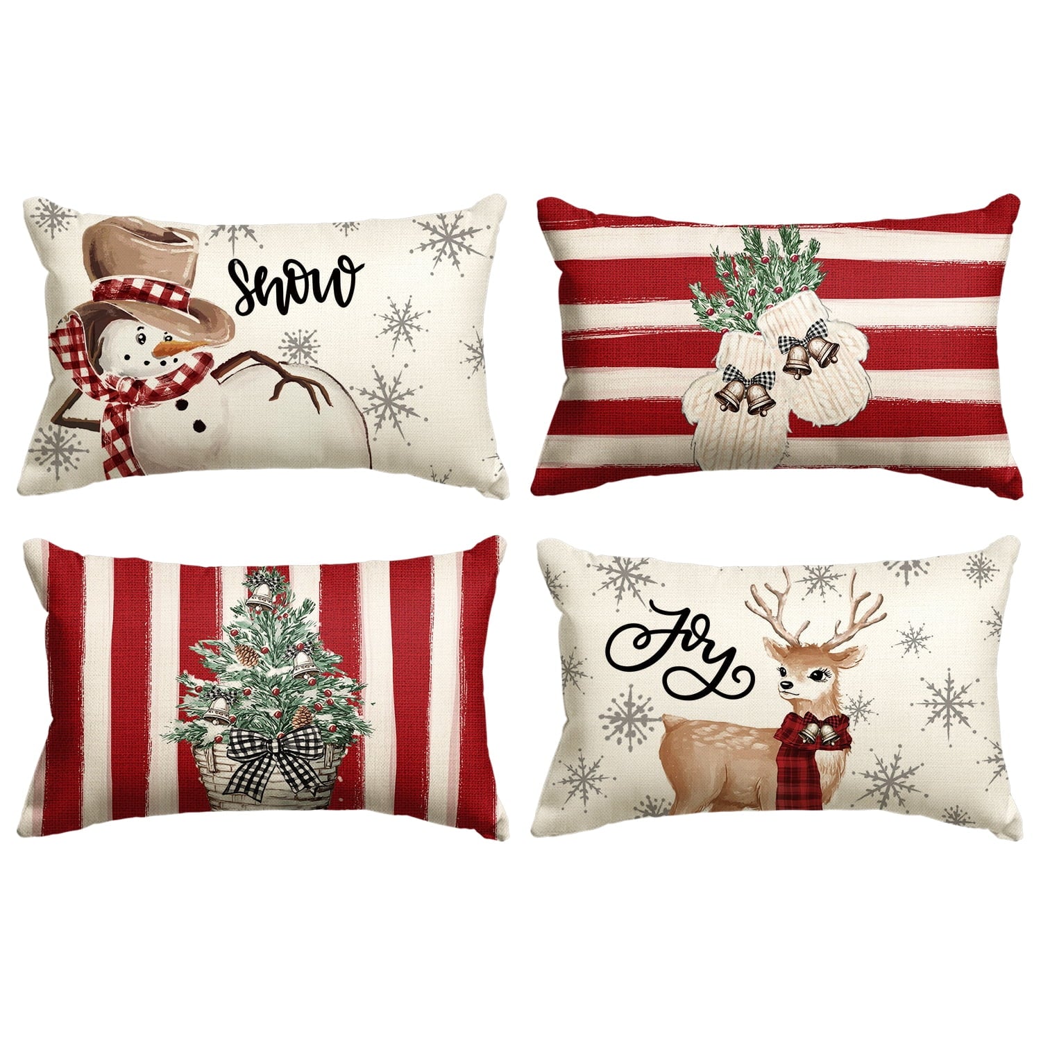 Sm:)e Christmas Snowman Reindeer Gloves Eucalyptus Throw Pillow Covers Red, 12 x 20 Inch Winter Holiday Stripes Cushion Case Decoration for Sofa Couch Set of 4