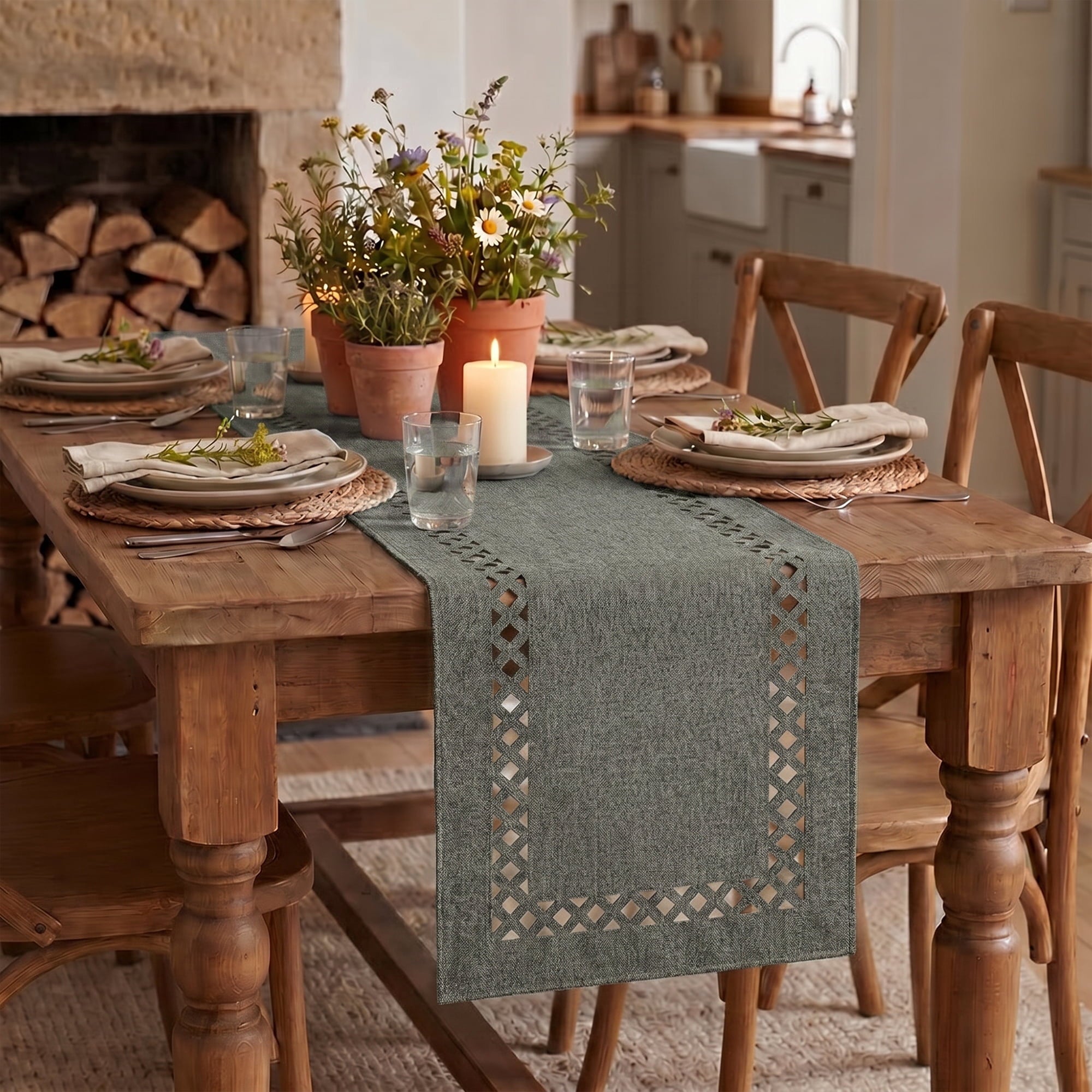 Sm:)e Grey Table Runner, Hollow Out Laser Cut Solid Color, Seasonal Summer Washable Kitchen Dining Table Decoration for Home Party Decor 13x72 Inch