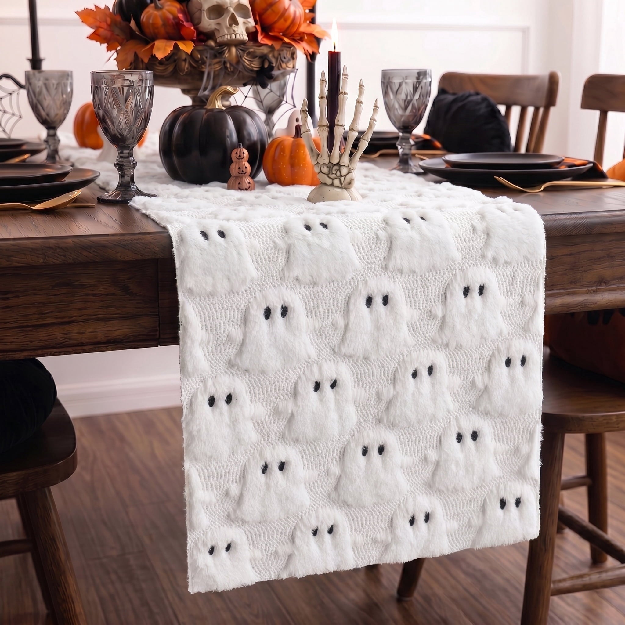 Sm:)e White Ghost Halloween Table Runner 13x108 Inch, Soft Plush Faux Fur Mantel Kitchen Dining Table Decor, Halloween Home Party Decor
