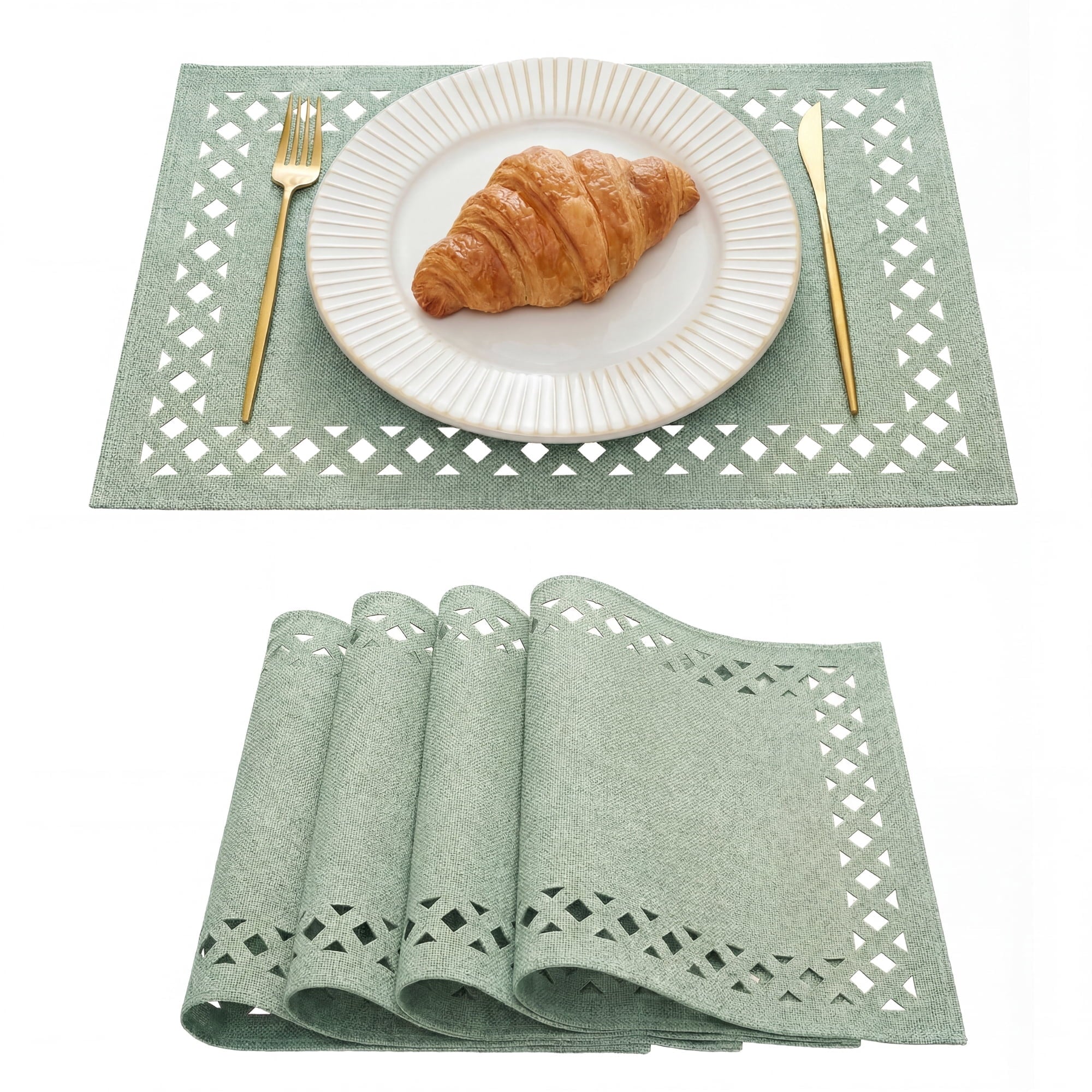 Sm:)e Hollow Out Laser Cut Sage Green Placemats Set of 4, Seasonal Summer Washable Kitchen Dining Table Decoration for Home Party Decor 12x18 Inch