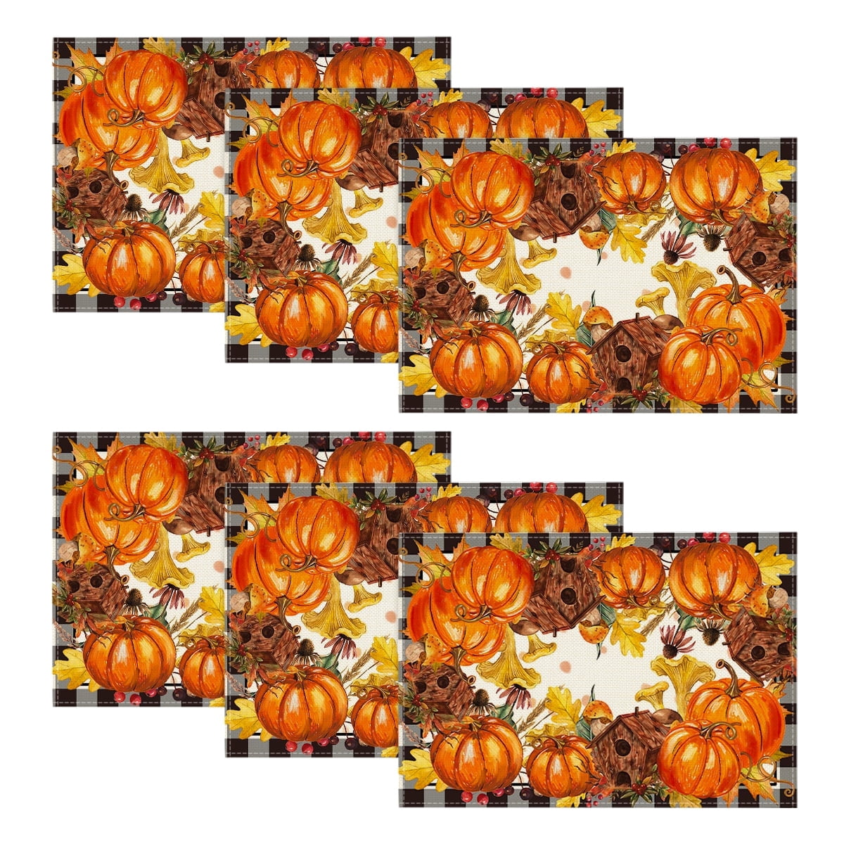 Smile Buffalo Check Plaid Fall Table Placemats 12 x 18 Set of 6, Harvest Thanksgiving Pumpkins Mushrooms Birdhouse Maple Leaves