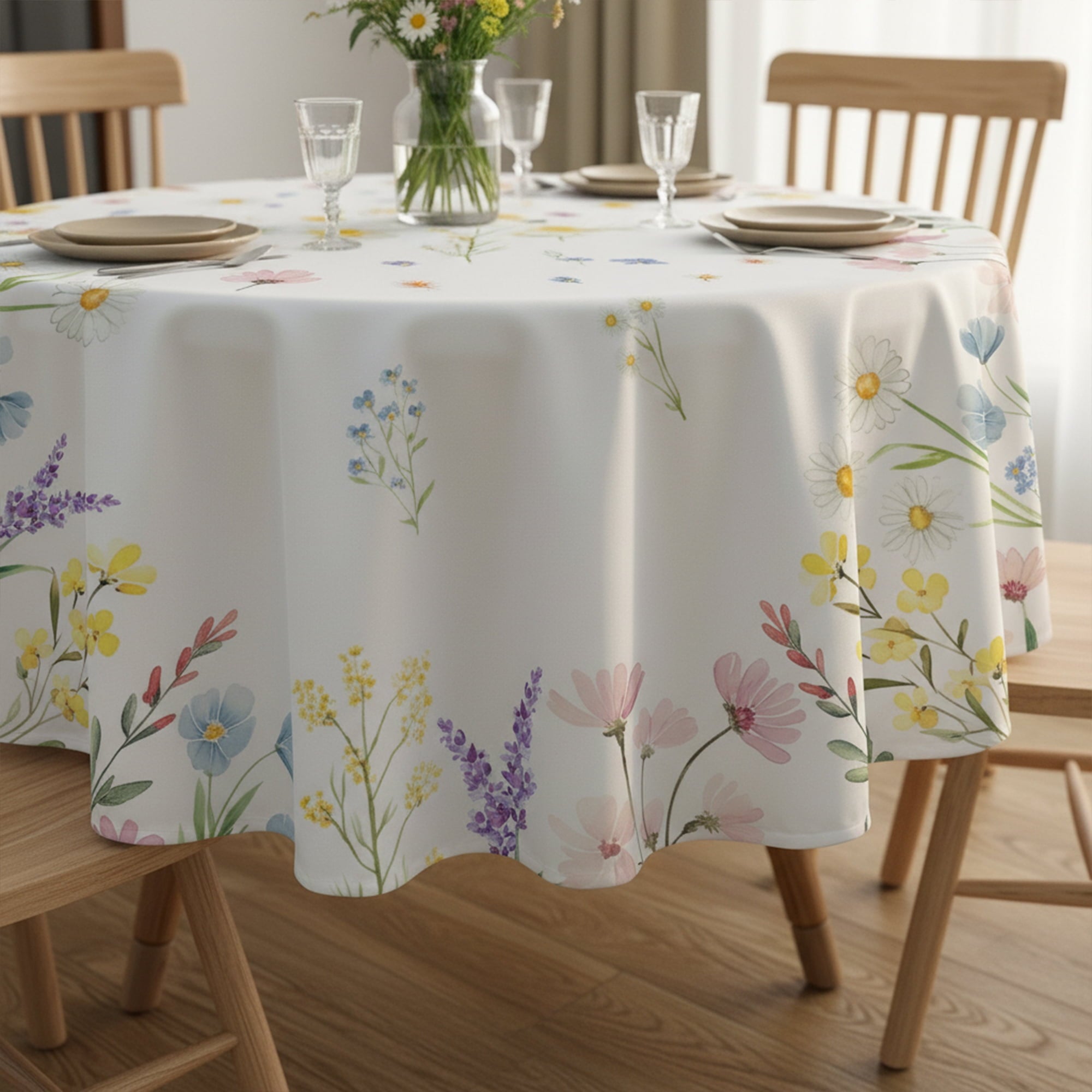 Sm:)e Blooming Floral Wild Flowers Spring TableCloth 60 Round Seasonal Table Cover Polyester Fabric