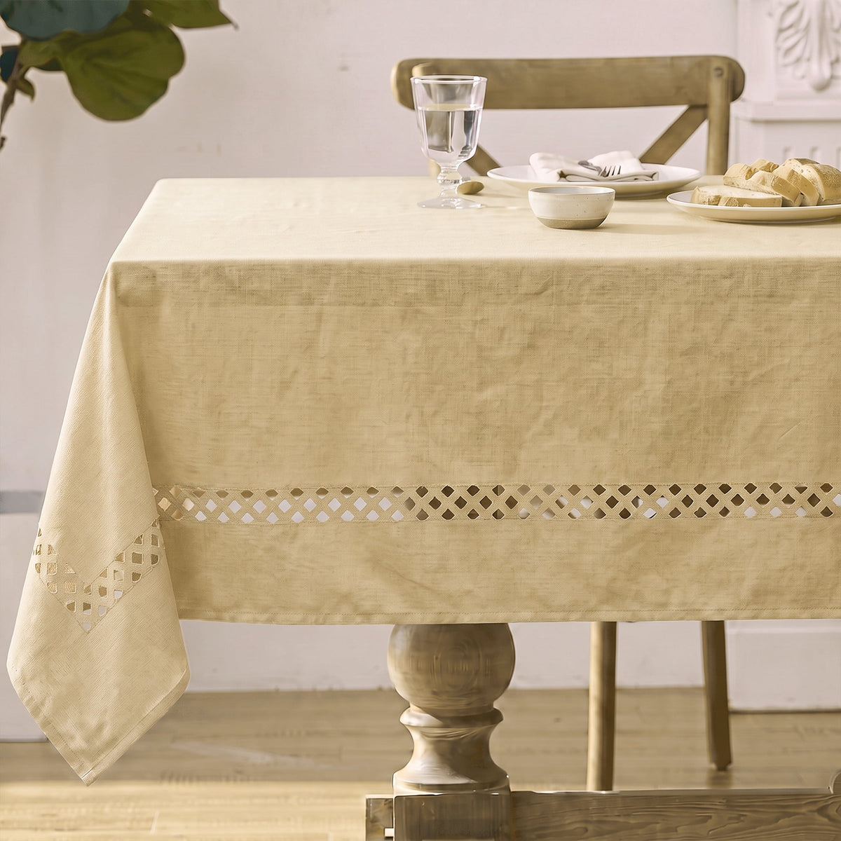 Sm:)e Fabric Openwork Farmhouse Style Linen Tablecloth 60 x 84 Inch Rectangle, with Decorative Cutouts, Khaki