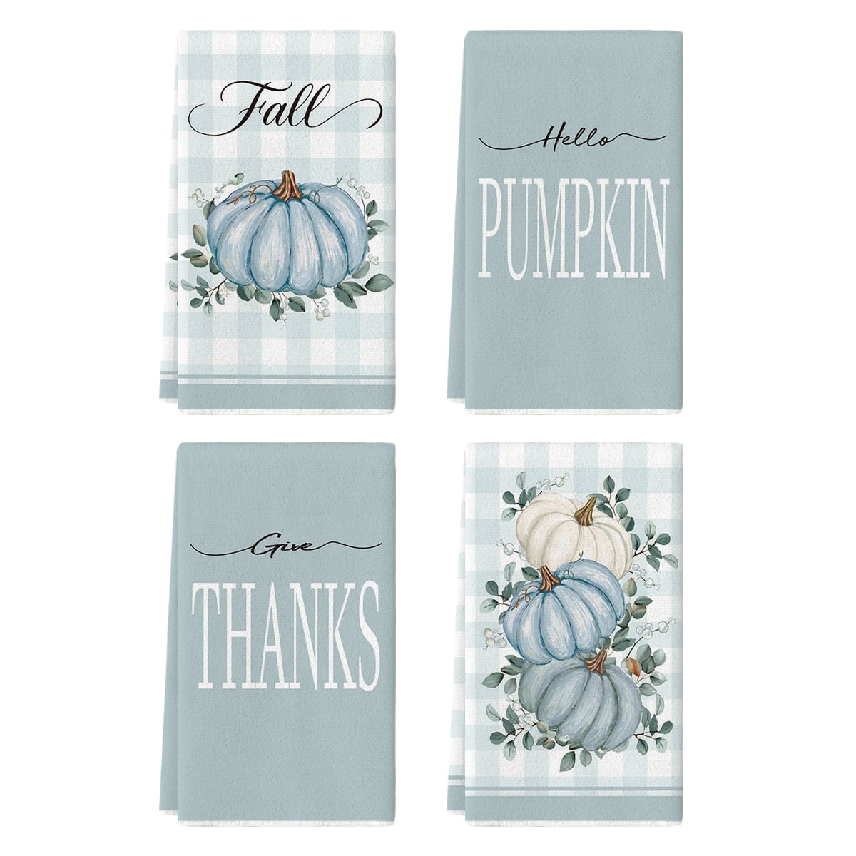 Sm:)e Give Thanks Eucalyptus Leaves Watercolor Blue Pumpkins Fall Kitchen Dish Towels Set of 4, 18 x 26 Inch