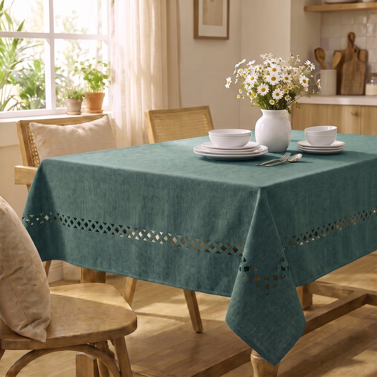 Sm:)e Fabric Openwork Farmhouse Style Linen Tablecloth 60 x 84 Inch Rectangle, Machine Washable Classic Table Cover for Dinner/Party Decoration/Holiday, Green