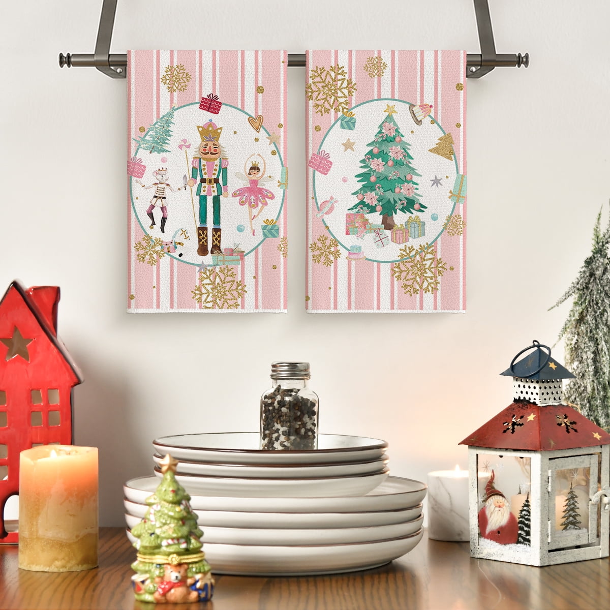 Sm:)e Pink Nutcrackers Tree Christmas Kitchen Towels Dish Towels, 18x26 Inch Seasonal Winter Xmas Decoration Hand Towels Set of 2