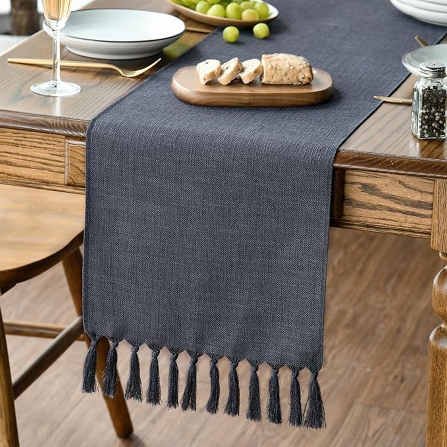 Sm:)e Graphite Grey Tassel Table Runner, 13x36 Inch, Boho Linen Blend Rustic Farmhouse Style, Holiday Wedding Party Kitchen Table Decor