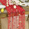 Sm:)e Red Embroidered Daisy Gauze Table Runner 120 Inches (10 Feet), Seasonal Sheer Decor for Kitchen & Dining Spaces, Ideal for Holidays, Weddings, Birthdays & Home Parties