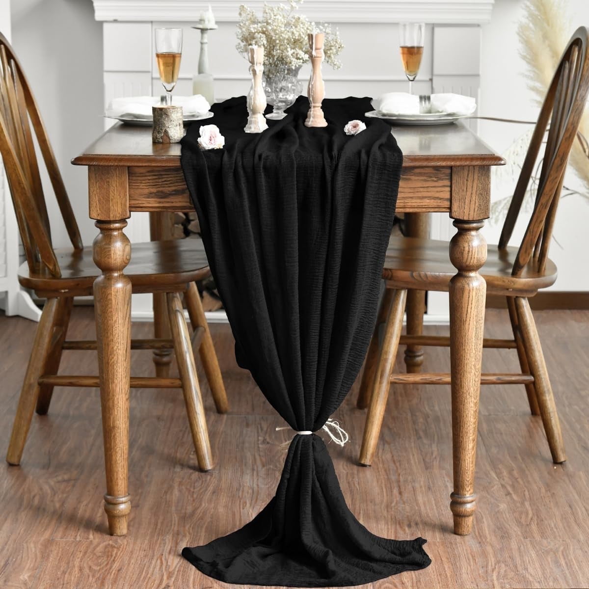 Sm:)e Black Cheesecloth Table Runner 31 x 118 Inch Rustic Gauze Boho Chair Sashes for Bridal Shower Wedding Party Catering Home Decoration Supplies