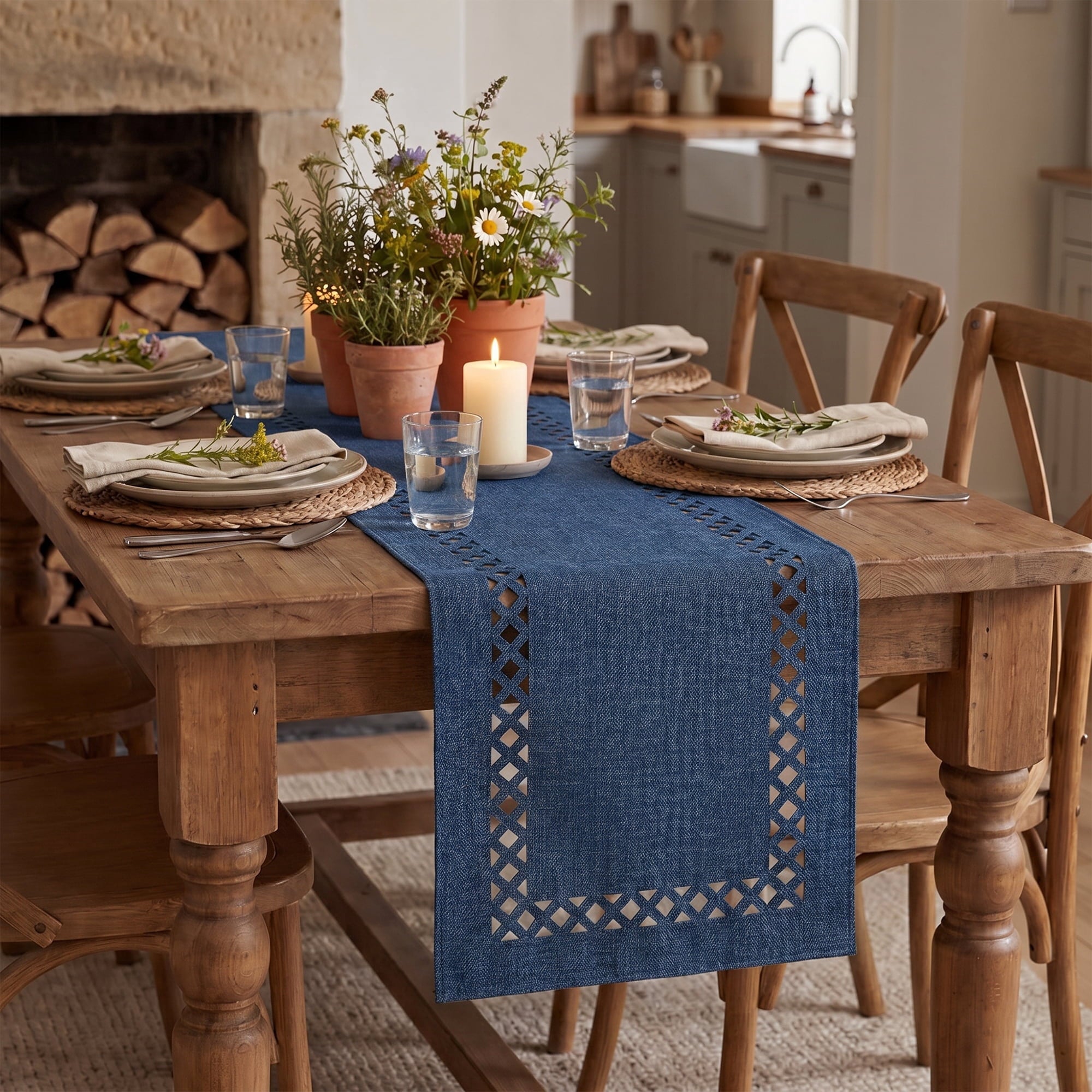 Sm:)e Blue Table Runner, Hollow Out Laser Cut Solid Color, Seasonal Summer Washable Kitchen Dining Table Decoration for Home Party Decor 13x90 Inch
