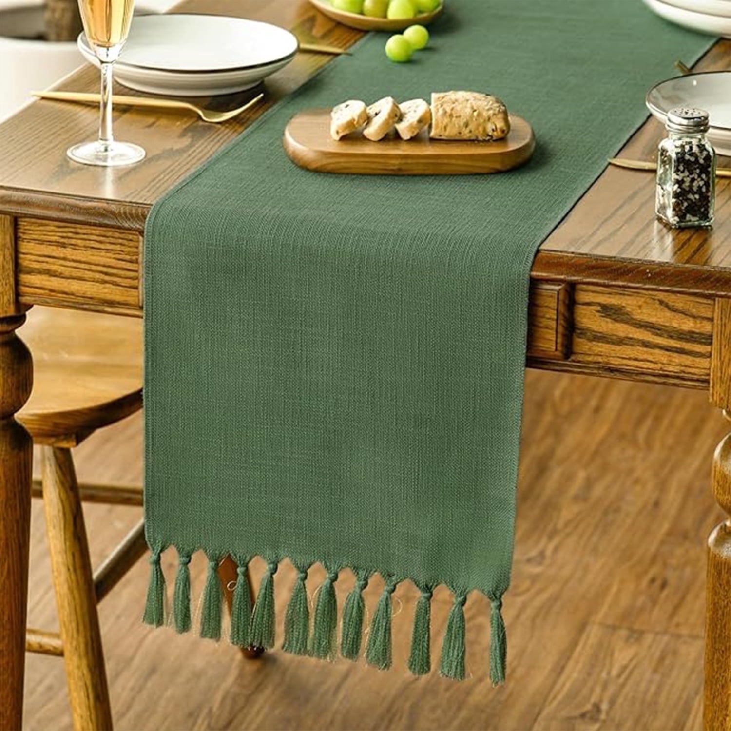 Sm:)e Dark Green Tassel Table Runner, 13x90 Inch, Boho Linen Blend Rustic Farmhouse Style, Holiday Wedding Party Kitchen Table Decor