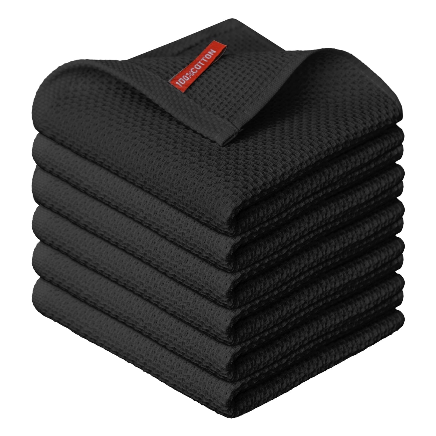 Sm:)e 100% Cotton Waffle Dishcloth, Black, 6 Pack Soft Absorbent Quick Dry Kitchen Cleaning Towels 12x12 Inch