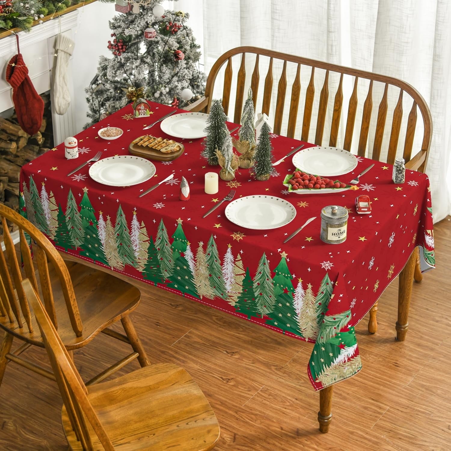 Sm:)e Christmas Tablecloth 60x104 Inch, Christmas Trees Red Washable Table Cover for Party Picnic Dinner Decor