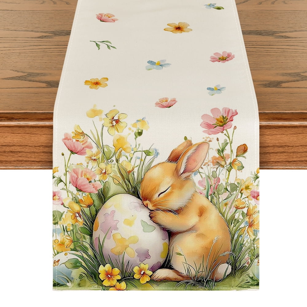 Sm:)e Happy Easter Table Runner Bunny Eggs Floral Spring Holiday Farmhouse Kitchen Indoor Outdoor Decoration ,13 x 72 Inch