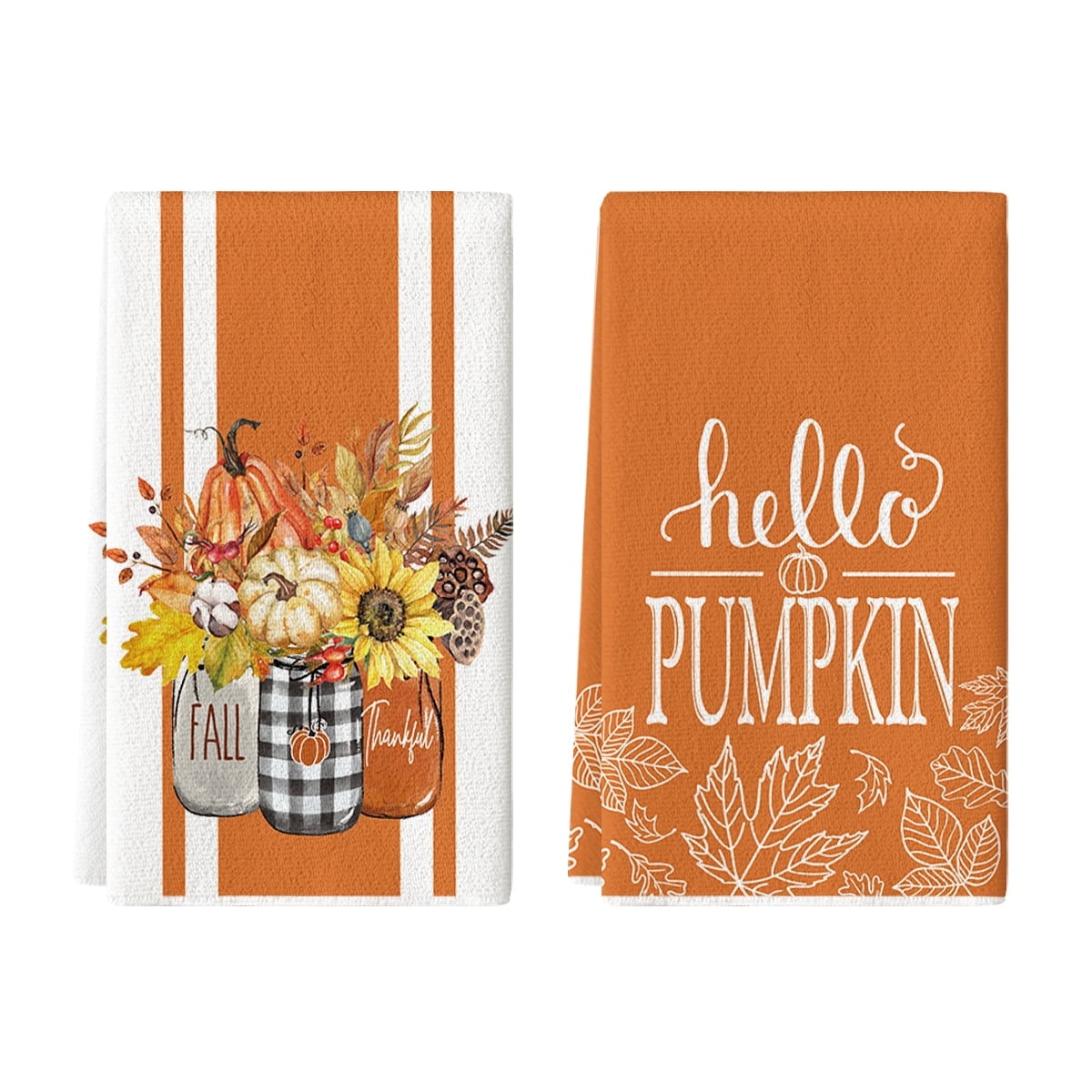 Sm:)e Floral Hello Pumpkin Fall Leaves Orange Thanksgiving Kitchen Dish Towels 18x26 Inch Set of 2