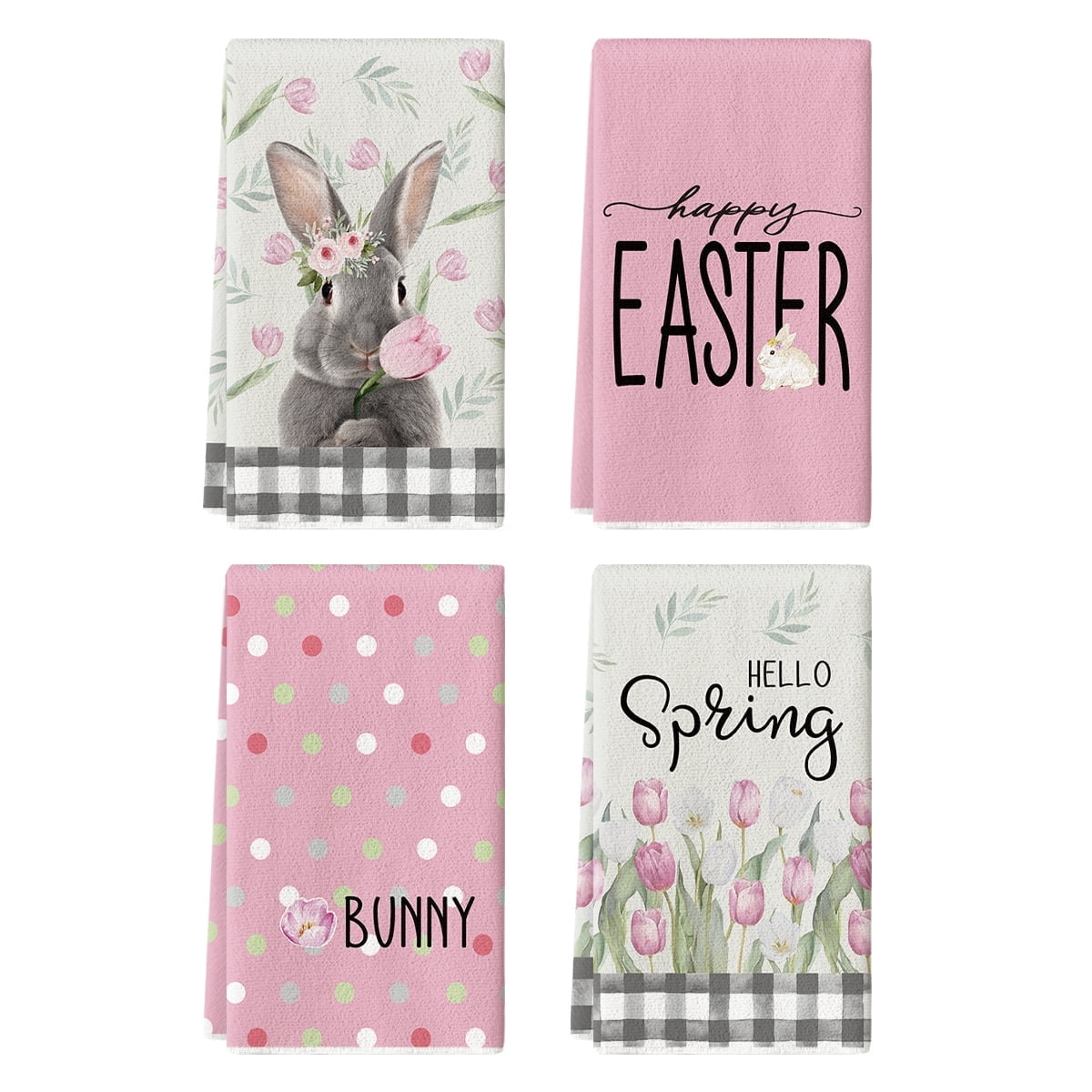 Sm:)e Hello Spring Floral Bunny Happy Easter Kitchen Dish Towels 18x26 Inch Set of 4 Pink