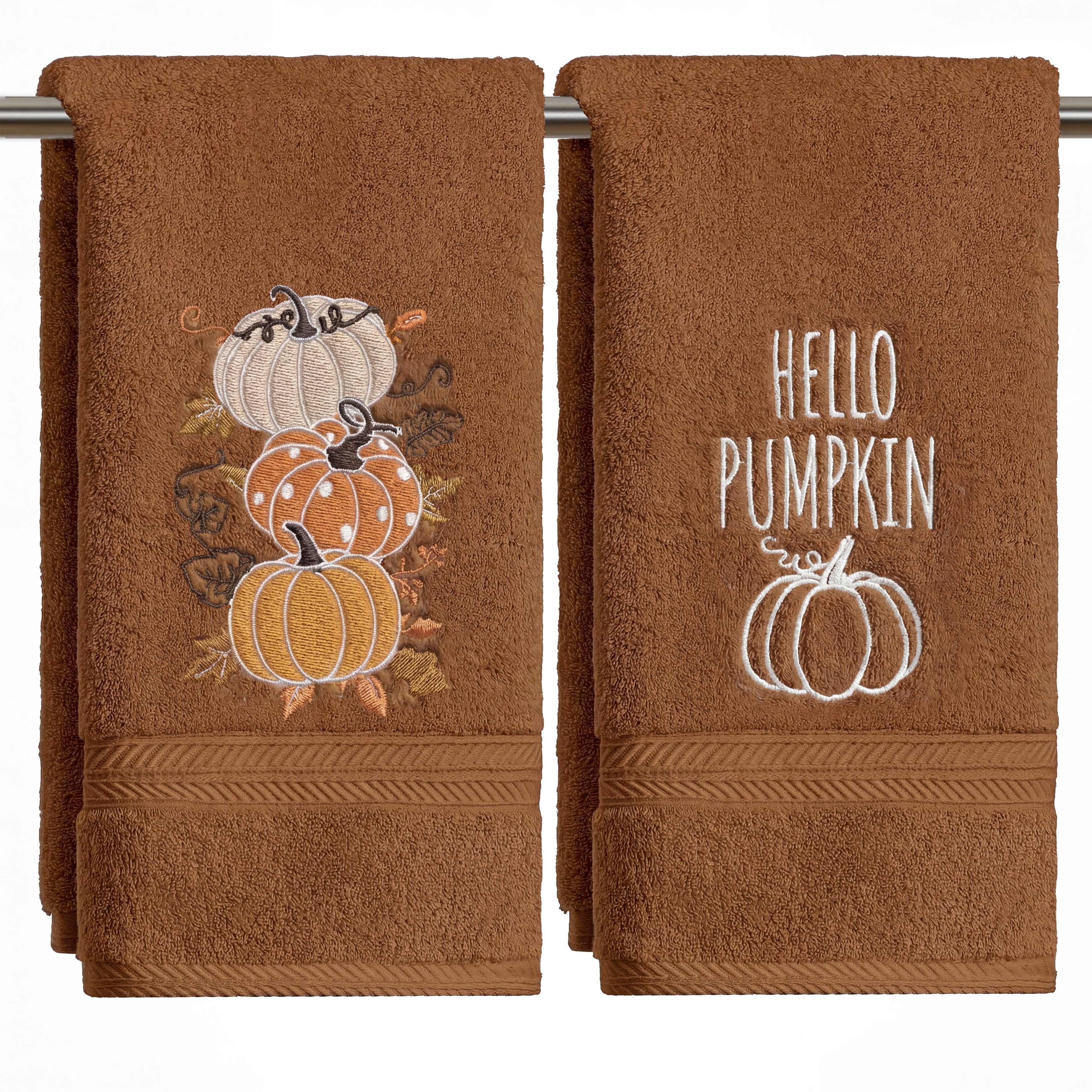 Sm:)e 2 Pcs Stacked Pumpkin Maple Leaf Vine Embroidered Fall Hand Towels, 100% Cotton Absorbent Kitchen Cleaning Towels, 18 x 26 Inch