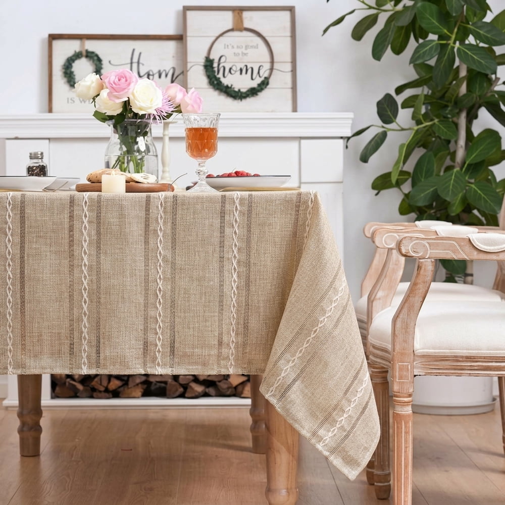 Sm:)e Fabric Openwork Farmhouse Style Linen Tablecloth 60x84 Inch, Yarn-Dyed Woven Table Cover for Dining Decor, Rectangle, Khaki