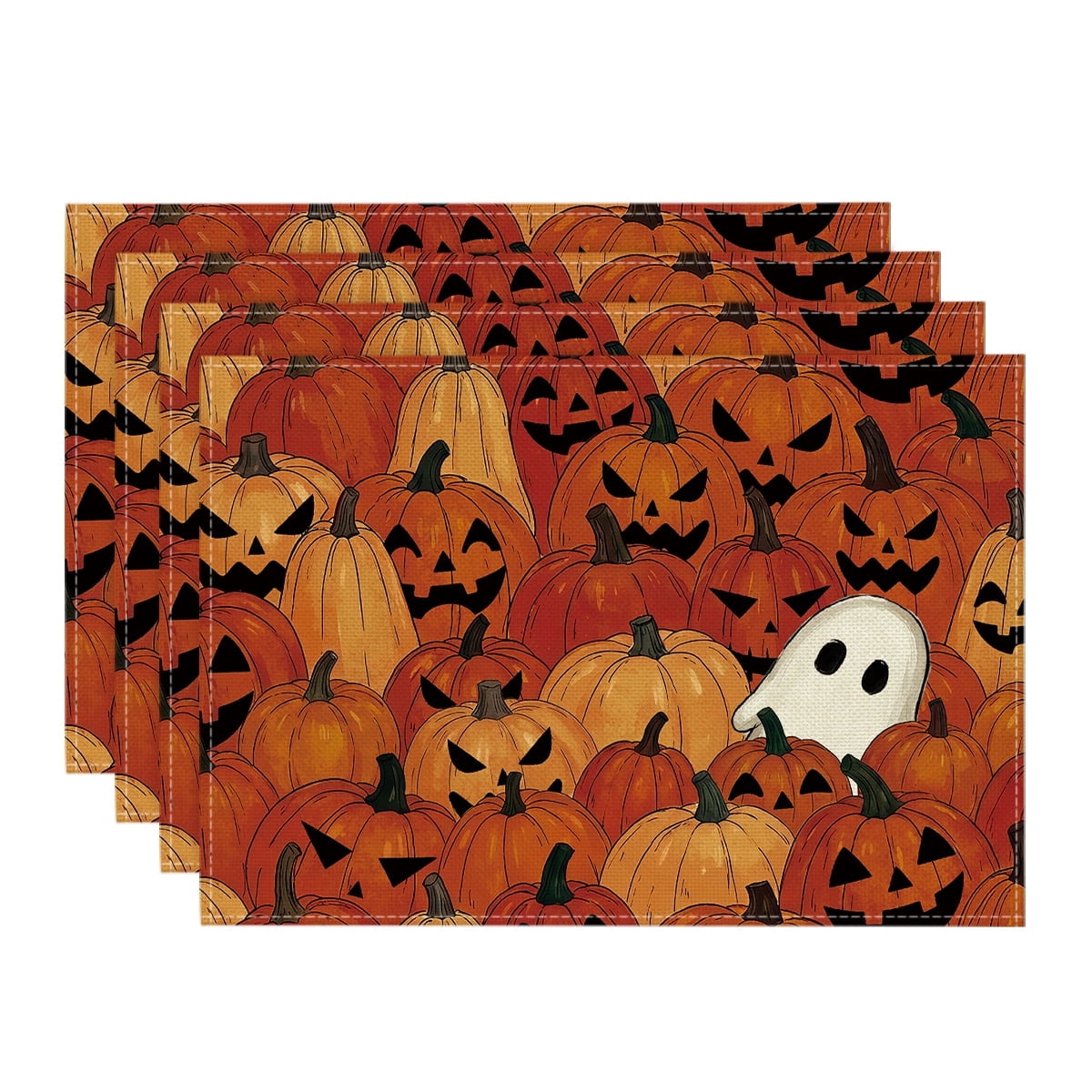 Sm:)e Caramel Pumpkin & Ghost Halloween Placemats, Set of 4 12x18 Inch, Indoor Outdoor Holiday Dining Table Mats