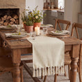 Sm:)e Beige Tassel Table Runner, 13x48 Inch, Boho Linen Blend Rustic Farmhouse Style, Holiday Wedding Party Kitchen Table Decor