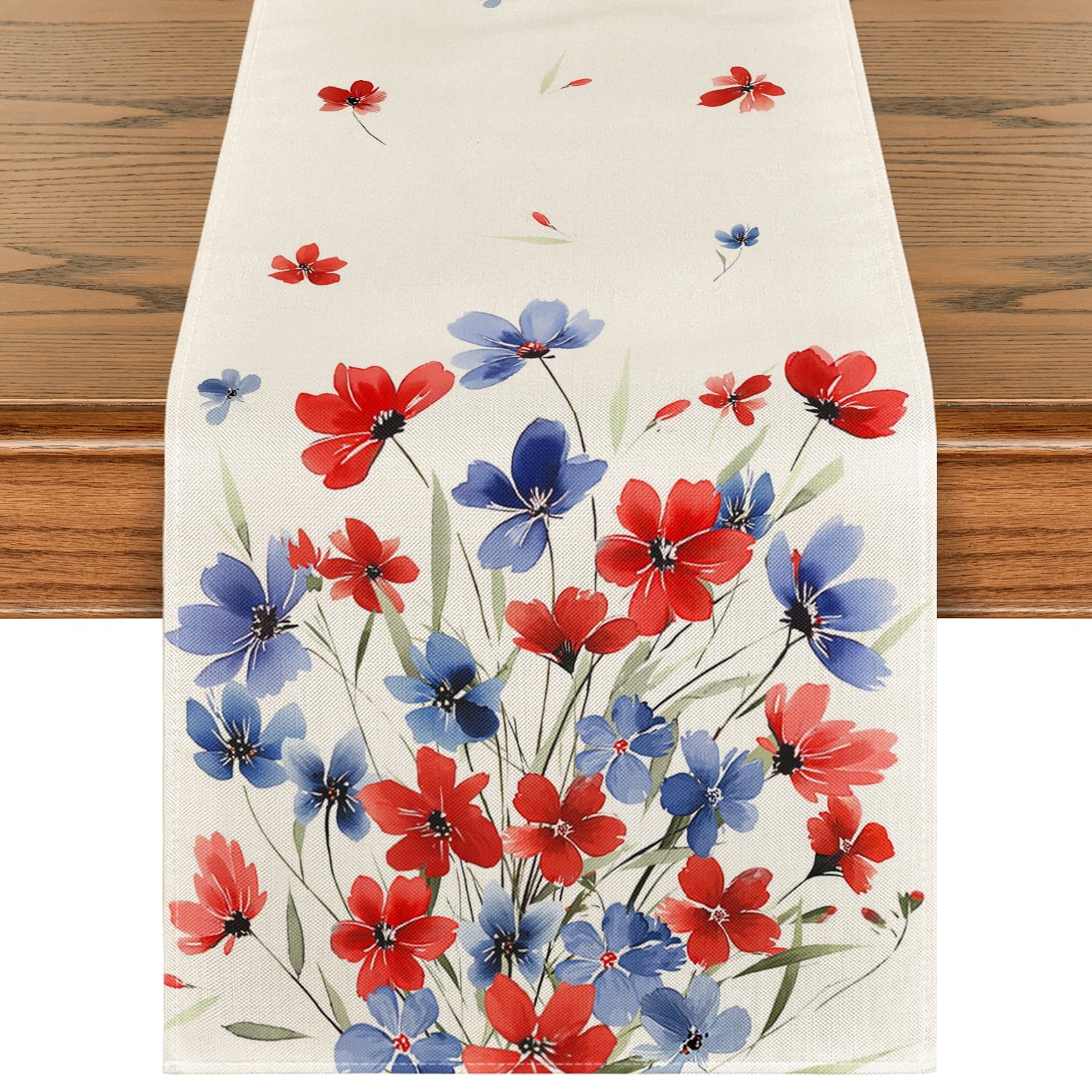 Smile Poppy Floral Summer Patriotic Fourth of July Table Runner 13 x 90 Inch