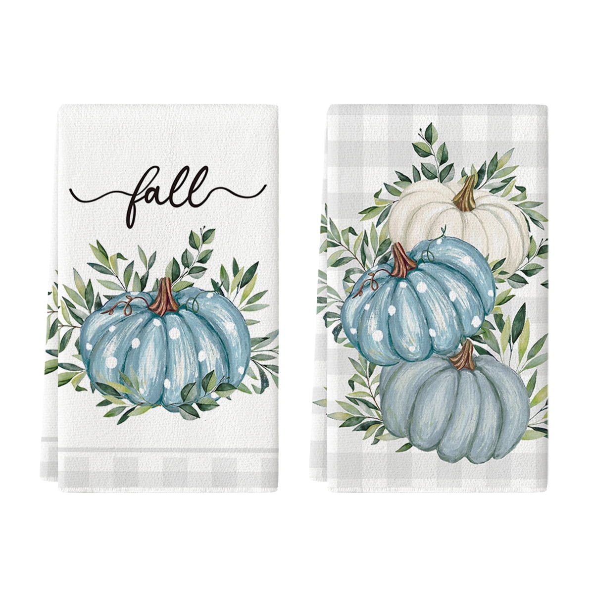 Sm:)e Blue Pumpkin Buffalo Plaid Fall Thanksgiving Kitchen Dish Towels 18x26 Inch Set of 2