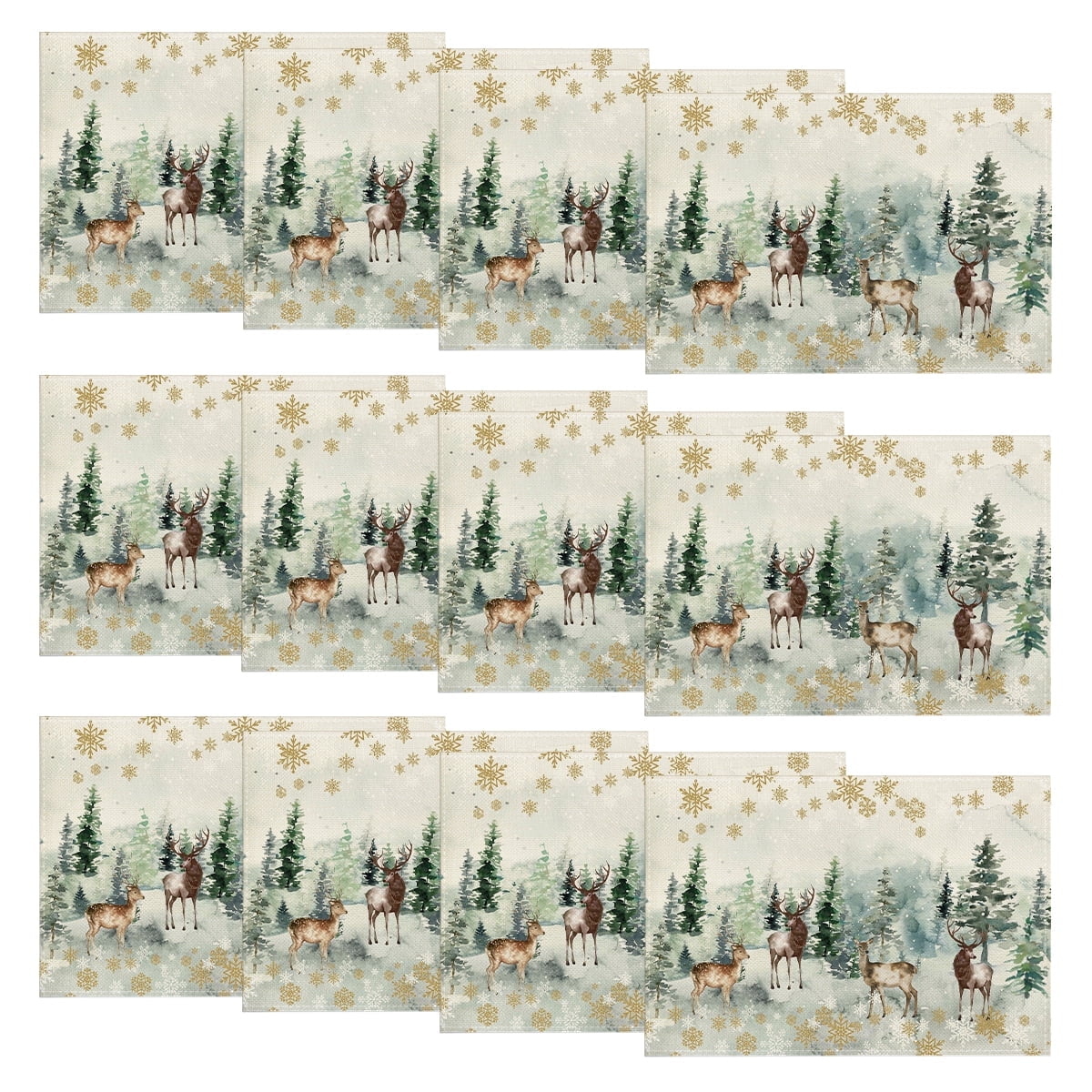 Smile Watercolor Deer Trees Snowflakes Christmas Placemats Set of 12, 12x18 Inch Seasonal Winter Table Mats for Party Kitchen Dining Decoration