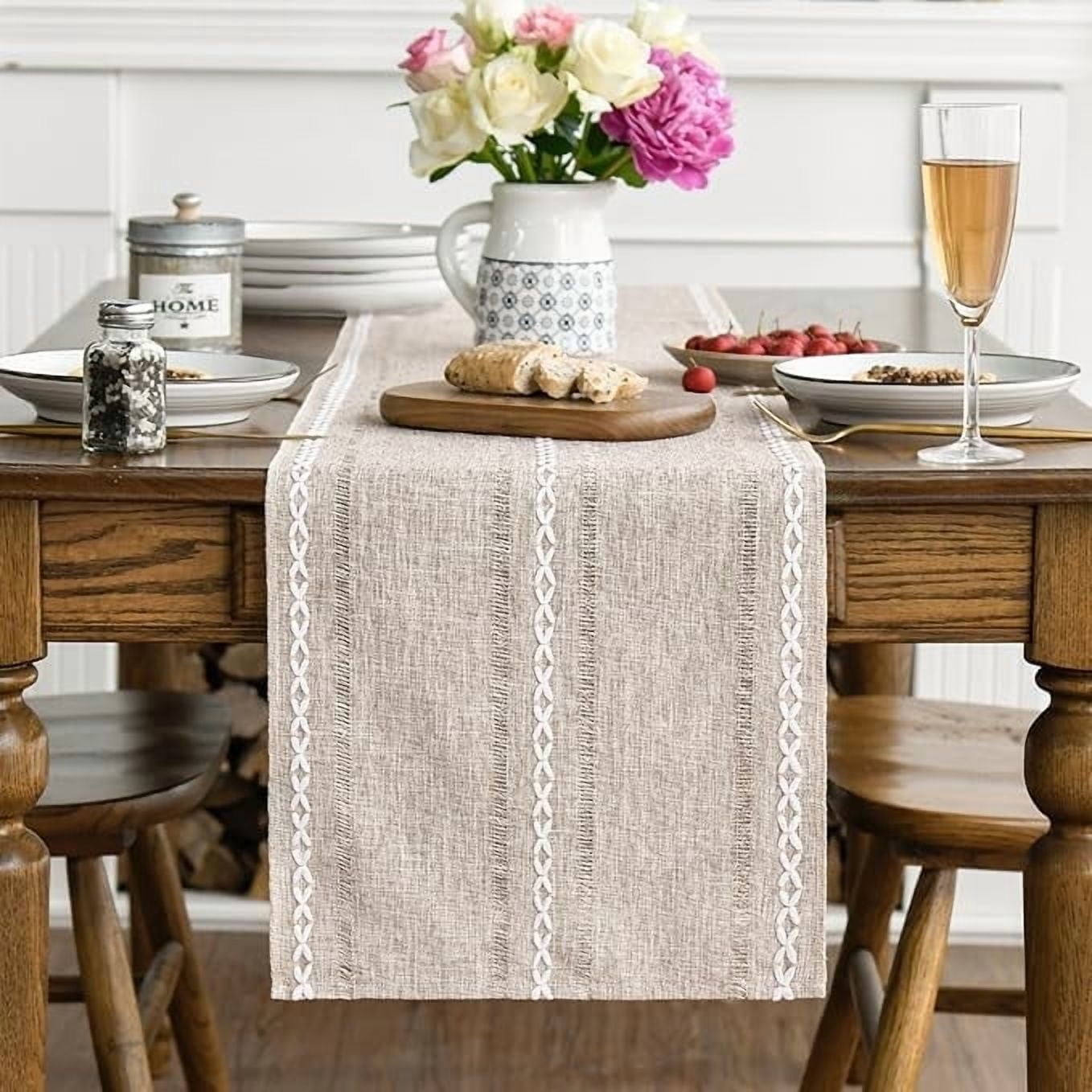 Sm:)e Linen Table Runner for Dining Table 13 x 72 Inch Orange Beige Burlap Linen Style Rustic Farmhouse Kitchen Dining Room Decoraton
