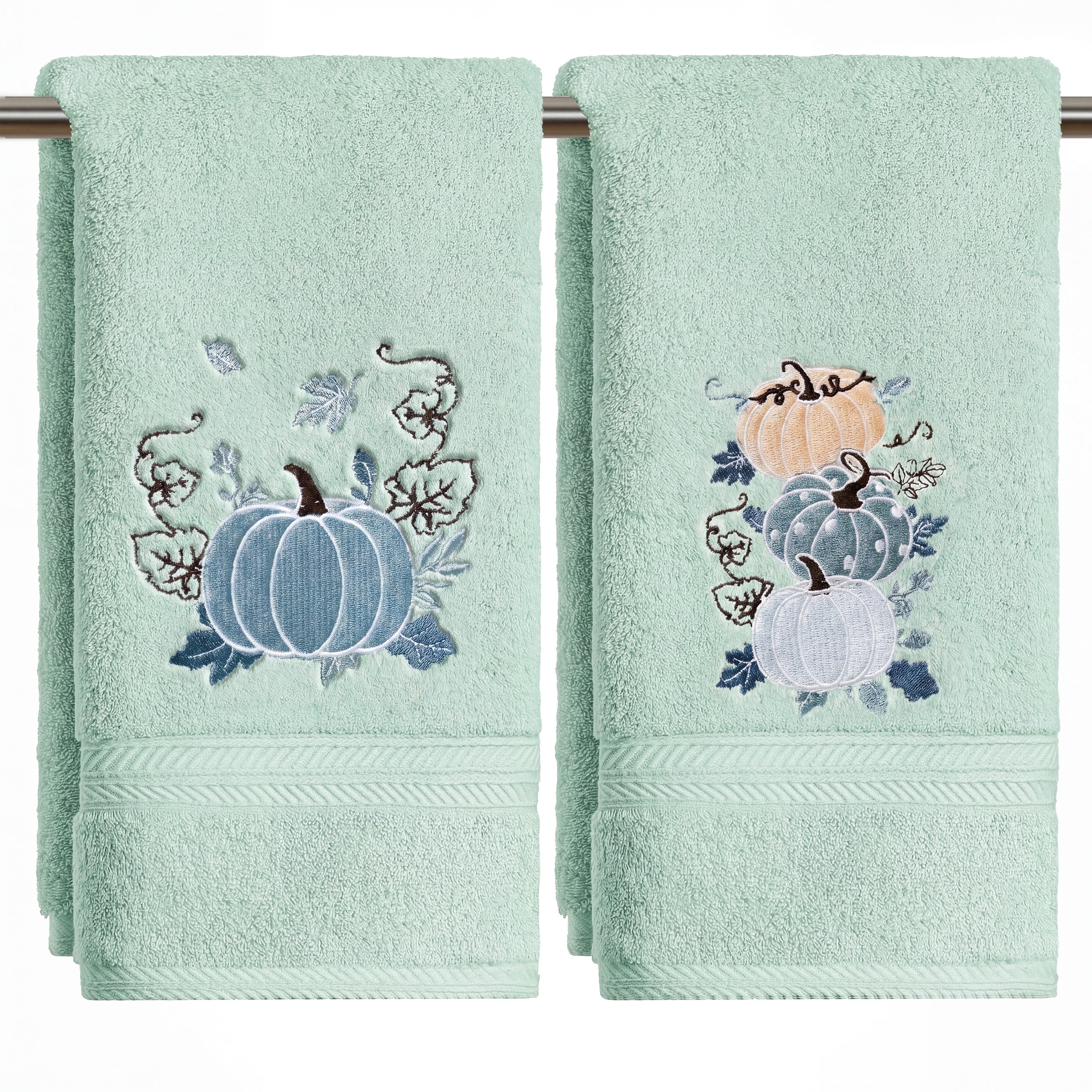 Sm:)e 2 Pcs Blue Pumpkin Cluster Maple Foliage Scroll Vine Embroidered Fall Hand Towels, 100% Cotton Highly Absorbent Dish Towels, 18 x 26 Inch