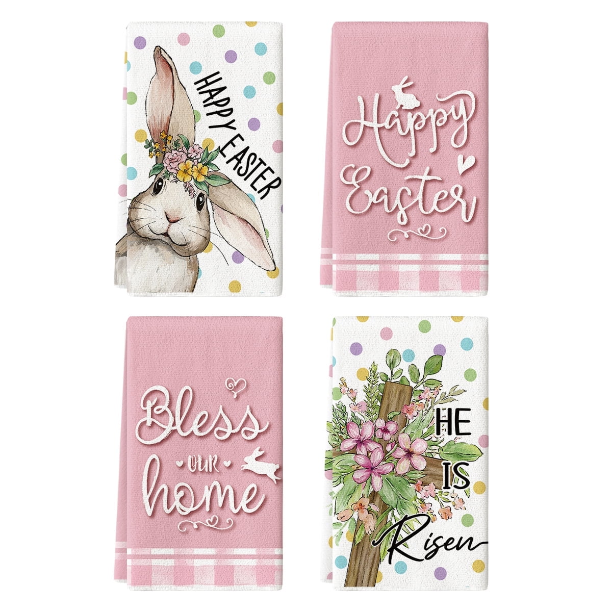 Sm:)e Bunny He is Risen Floral Bless Our Home Easter Kitchen Dish Towels 18x26 Inch Set of 4 Pink