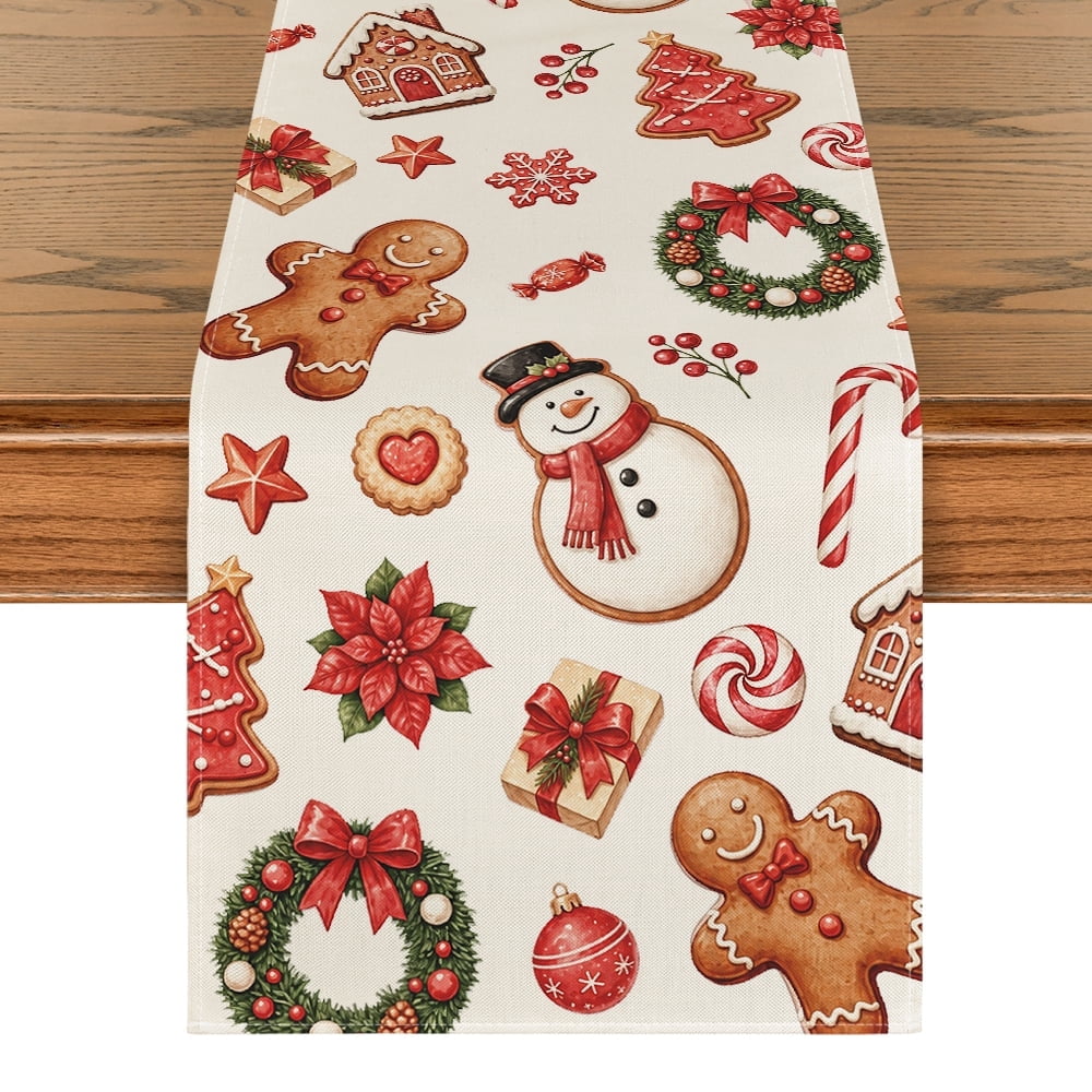 Sm:)e Red Snowman & Gingerbread Man Christmas Table Runner 13 x 72 Inch Farmhouse Table Decor, Universal for Indoor Outdoor Kitchen, Home & Party Decoration