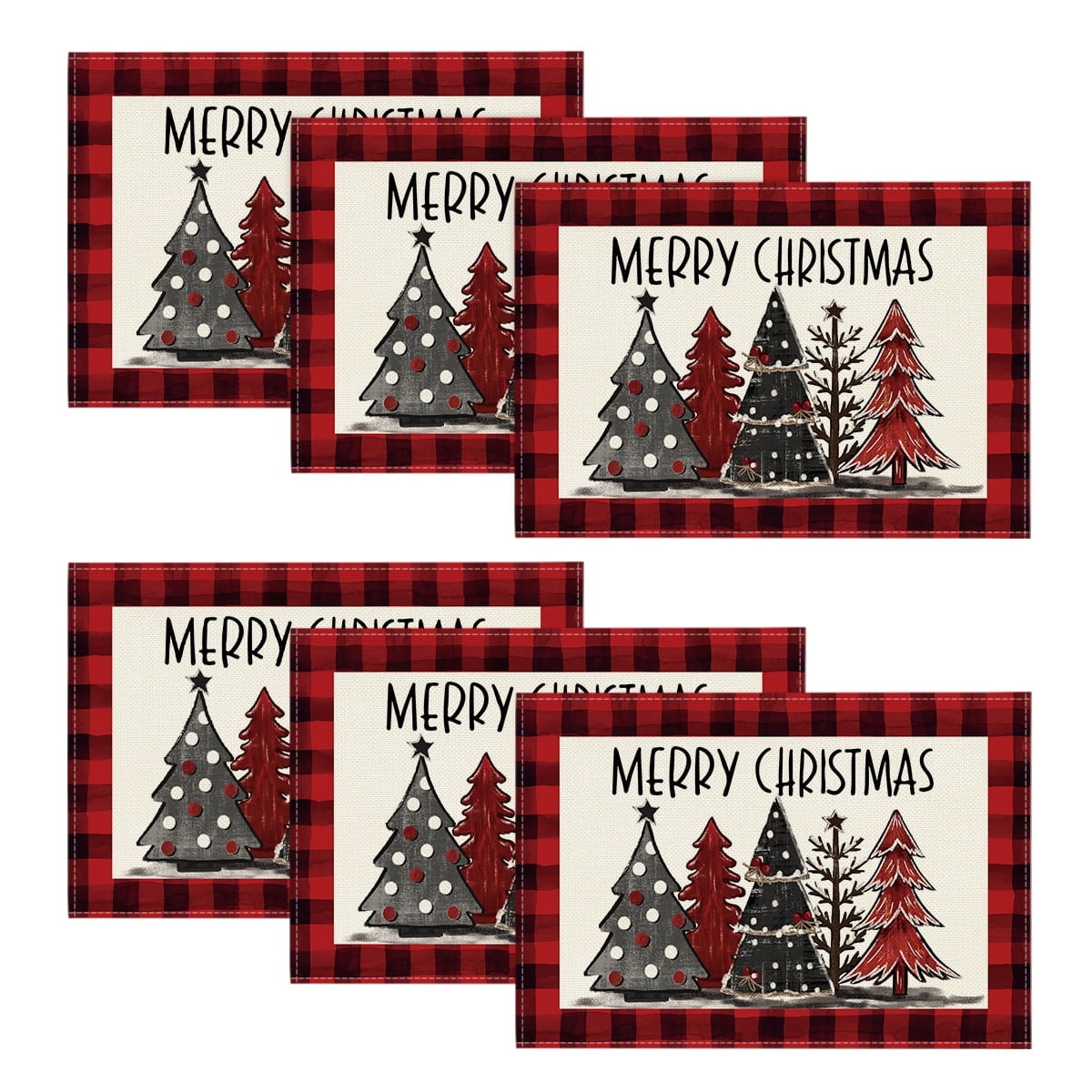 Smile Red and Black Buffalo Plaid Christmas Trees Placemats Set of 6, 12 x 18 Inch