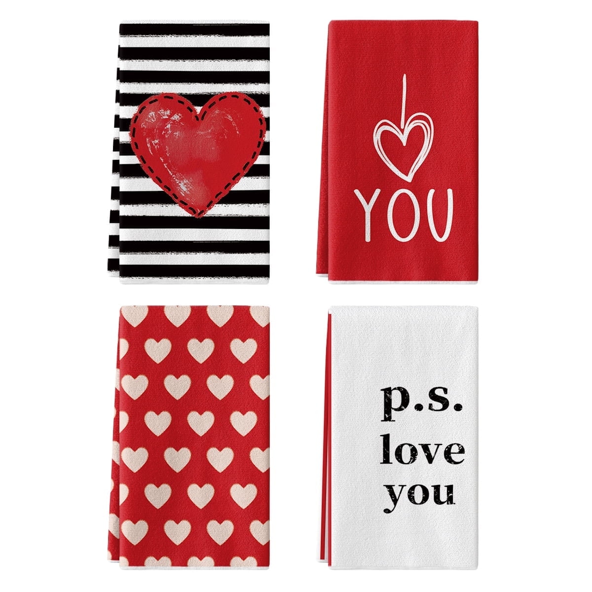 Sm:)e Valentine's Day Kitchen Dish Towels, 18x26 Inch, Set of 4, Love Hearts I Love U
