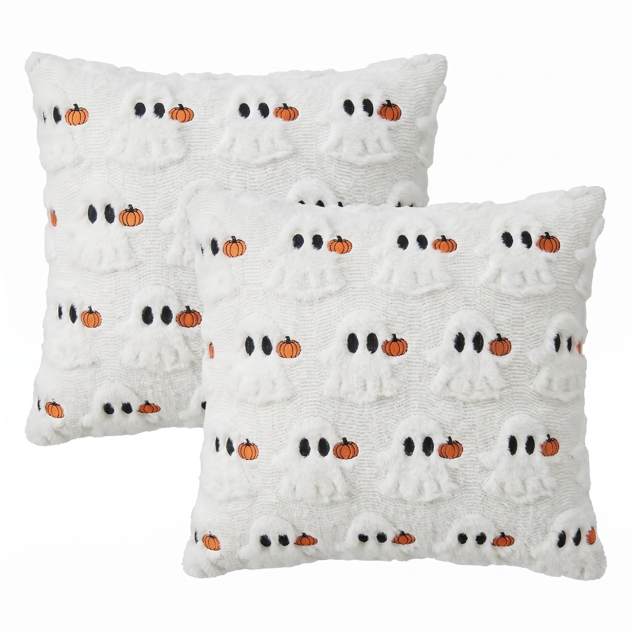 Sm:)e White Ghost Pumpkin Halloween Pillow Covers 18x18 Inch Set of 2, Faux Fur Soft Cushion Cover for Sofa Home Decor