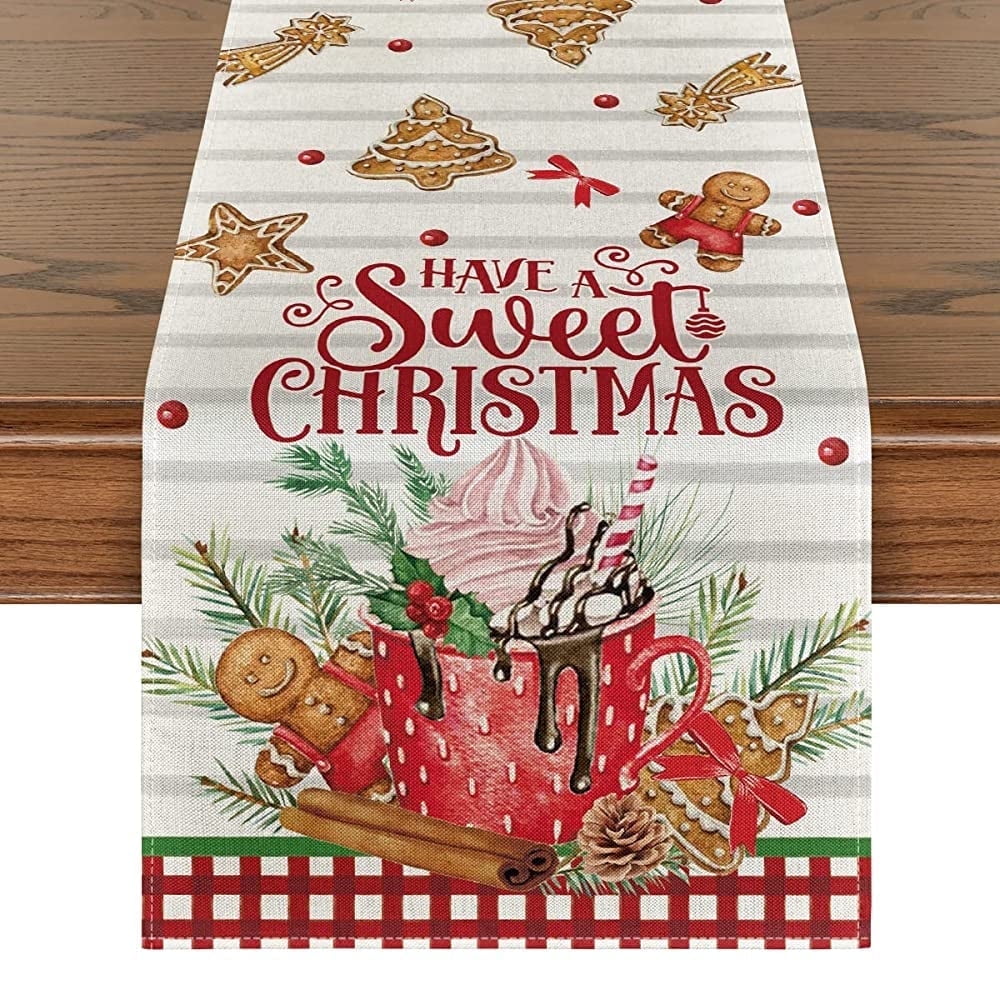 Smile Ice Cream Gingerbread Sweet Christmas Table Runner, Seasonal Winter Kitchen Dining Table Decoration for Home Party Indoor 13x108 Inch